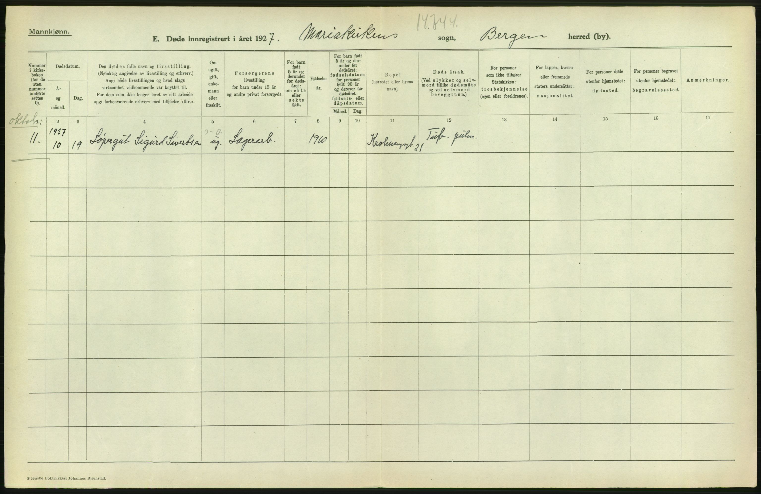 Statistisk sentralbyrå, Sosiodemografiske emner, Befolkning, AV/RA-S-2228/D/Df/Dfc/Dfcg/L0028: Bergen: Gifte, døde., 1927, p. 720