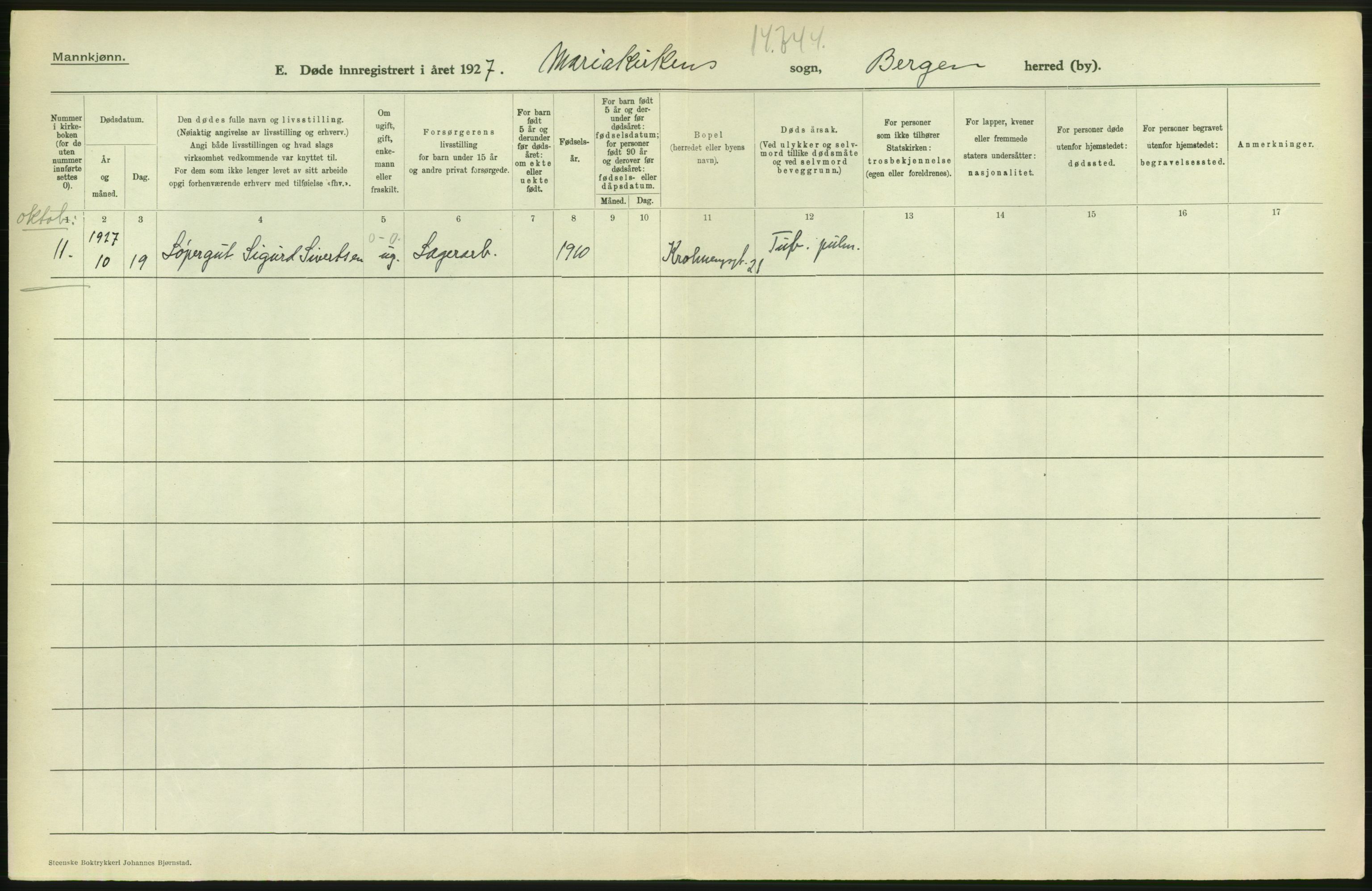 Statistisk sentralbyrå, Sosiodemografiske emner, Befolkning, RA/S-2228/D/Df/Dfc/Dfcg/L0028: Bergen: Gifte, døde., 1927, p. 720