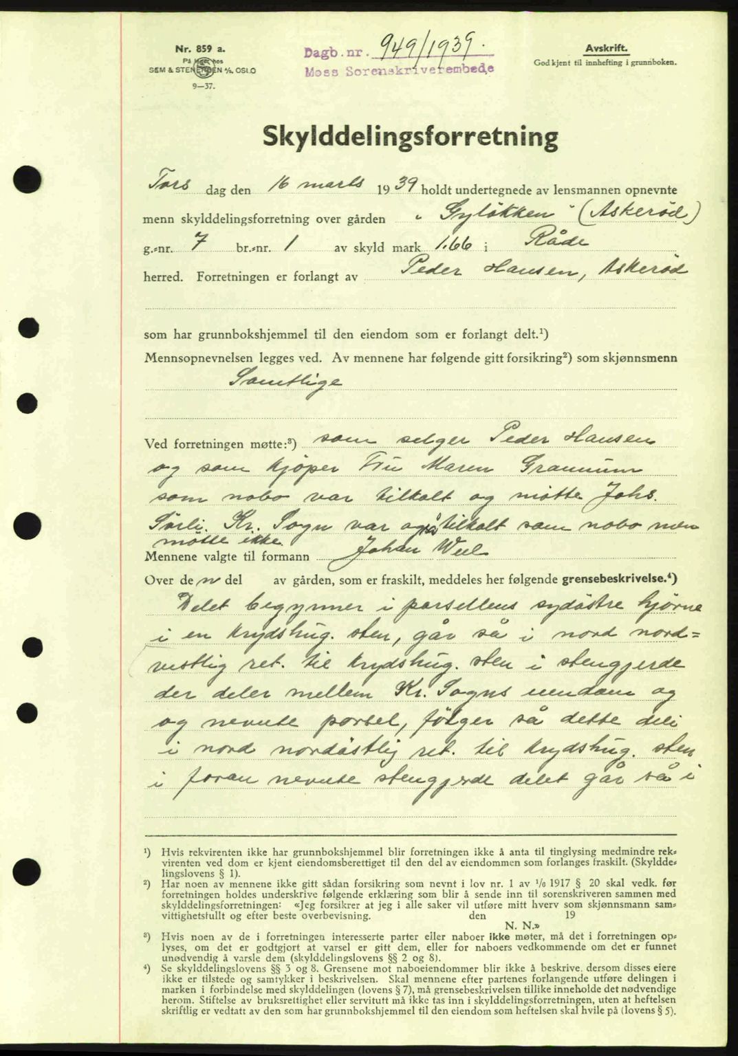 Moss sorenskriveri, SAO/A-10168: Mortgage book no. A5, 1938-1939, Diary no: : 949/1939