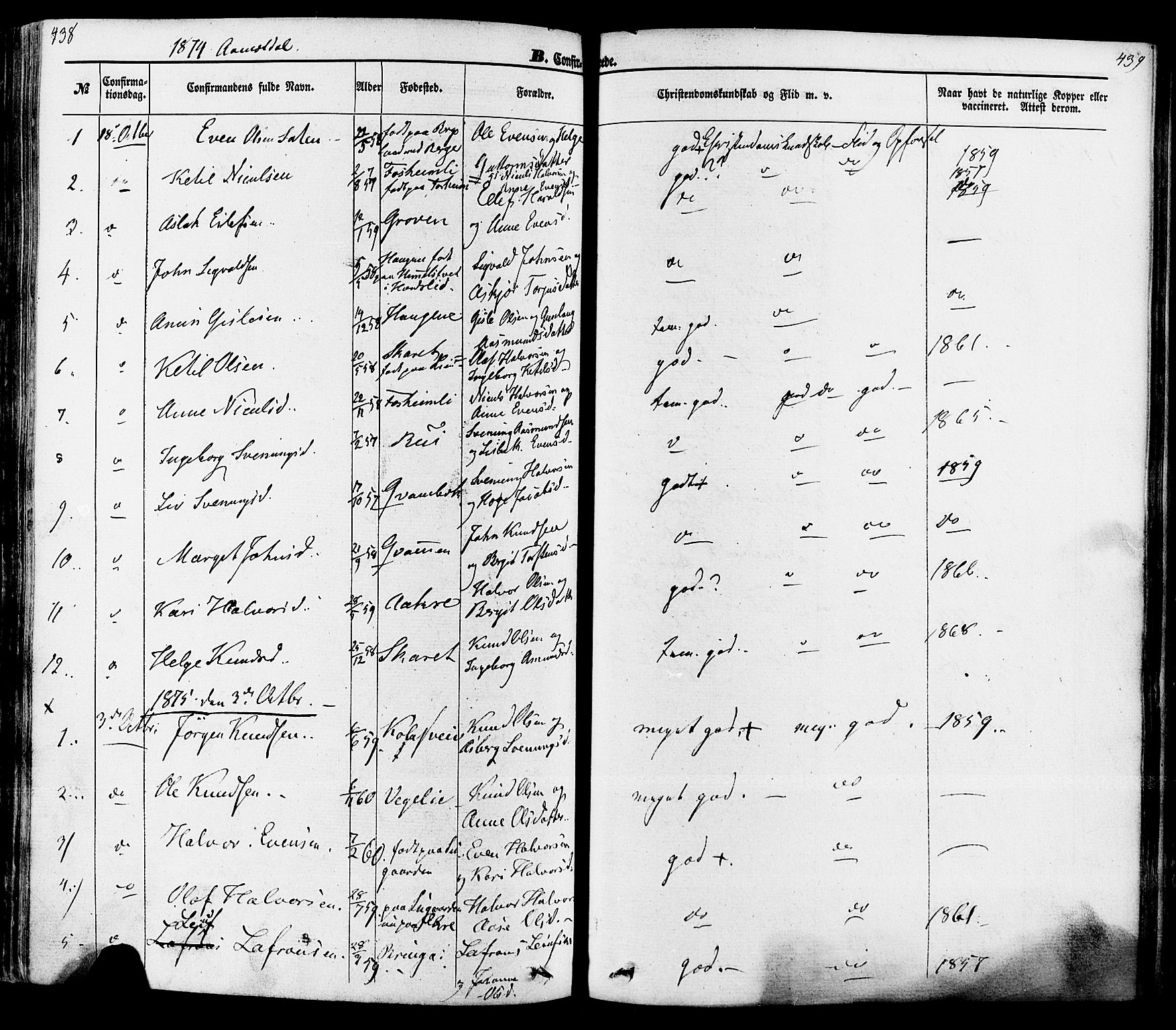 Seljord kirkebøker, SAKO/A-20/F/Fa/L0013: Parish register (official) no. I 13, 1866-1876, p. 438-439