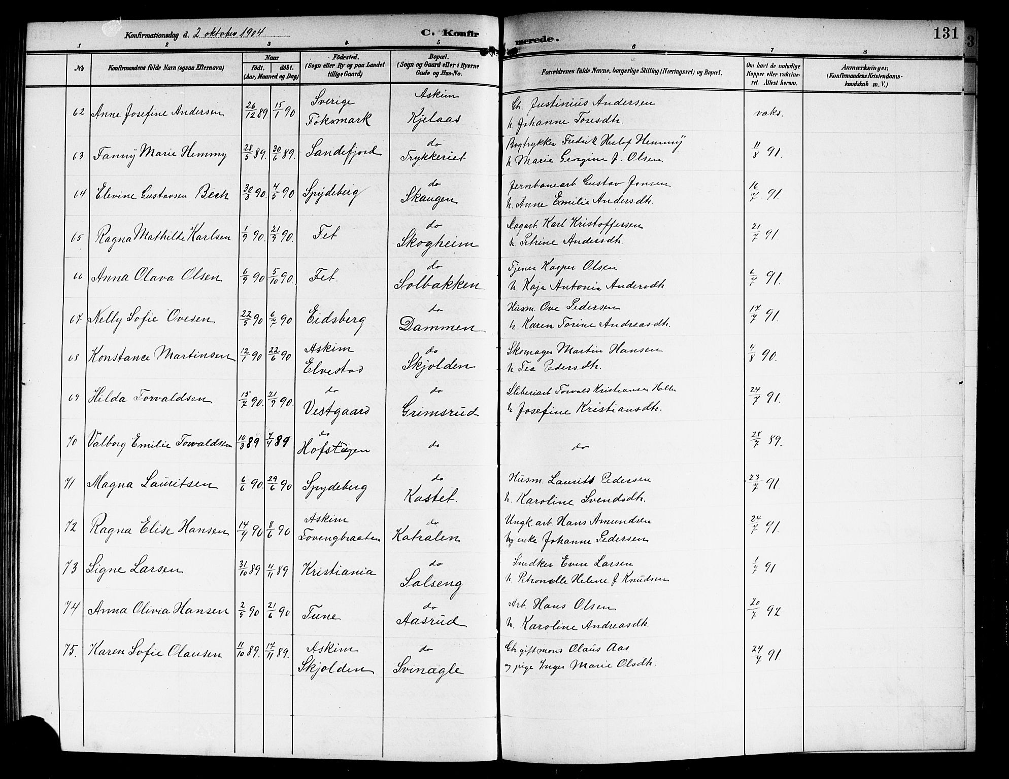 Askim prestekontor Kirkebøker, SAO/A-10900/G/Ga/L0002: Parish register (copy) no. 2, 1903-1921, p. 131