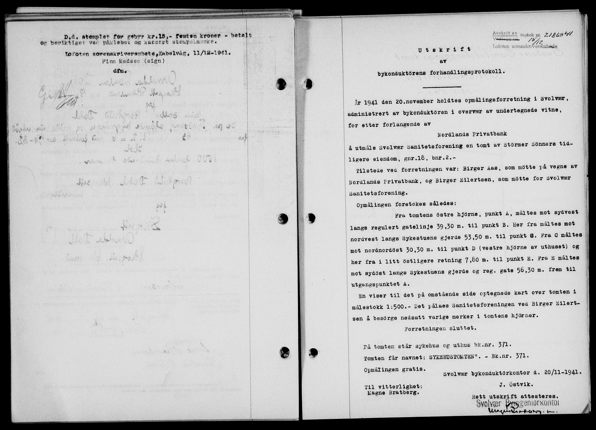 Lofoten sorenskriveri, SAT/A-0017/1/2/2C/L0009a: Mortgage book no. 9a, 1941-1942, Diary no: : 2186/1941