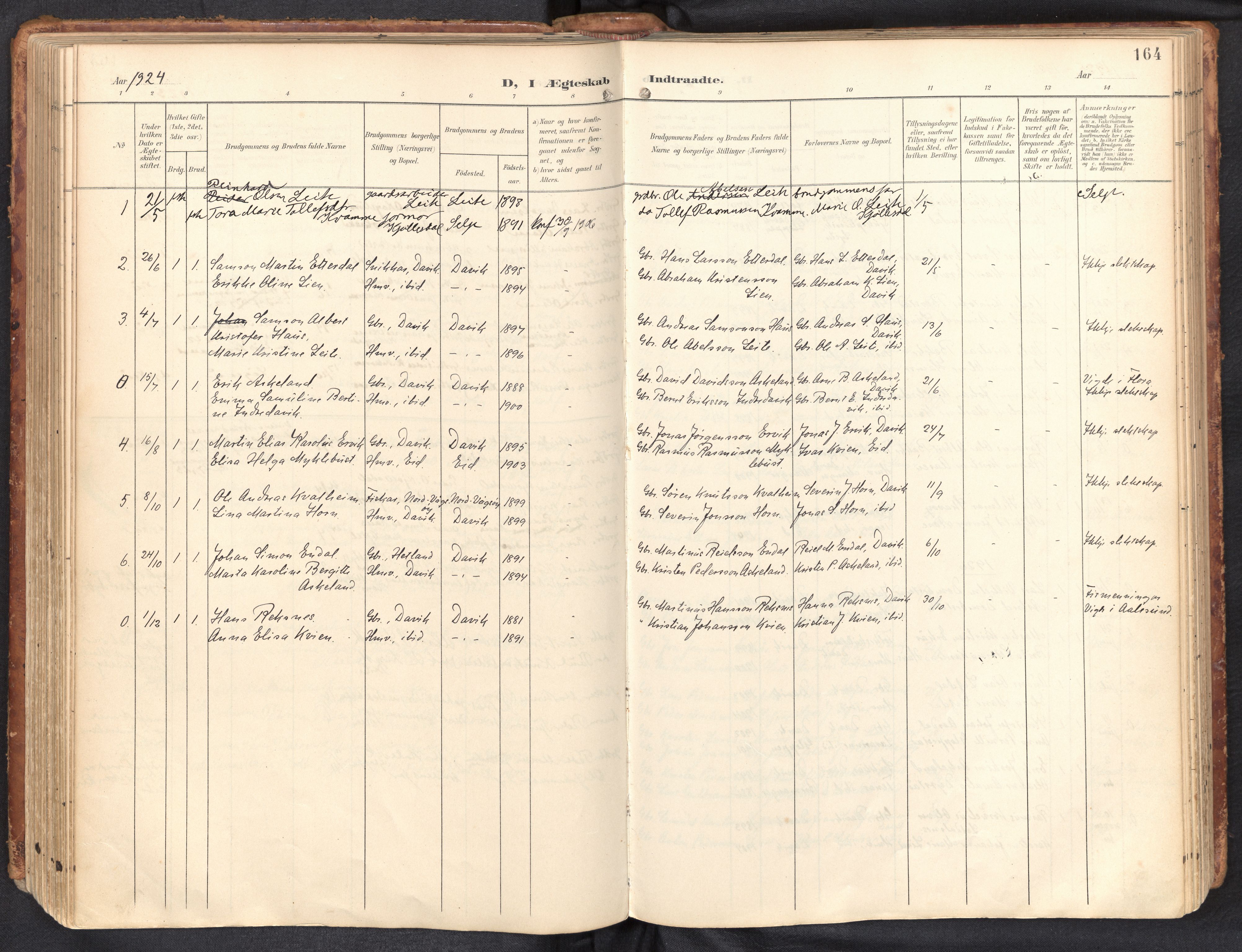 Davik sokneprestembete, AV/SAB-A-79701/H/Haa/Haab/L0002: Parish register (official) no. B 2, 1901-1934, p. 164