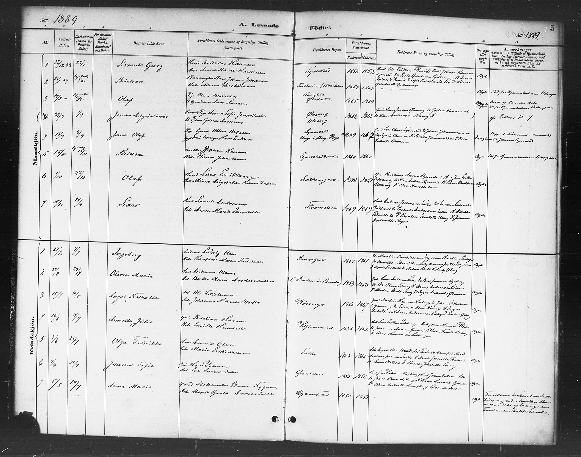 Skjeberg prestekontor Kirkebøker, AV/SAO-A-10923/F/Fc/L0001: Parish register (official) no. III 1, 1886-1897, p. 5