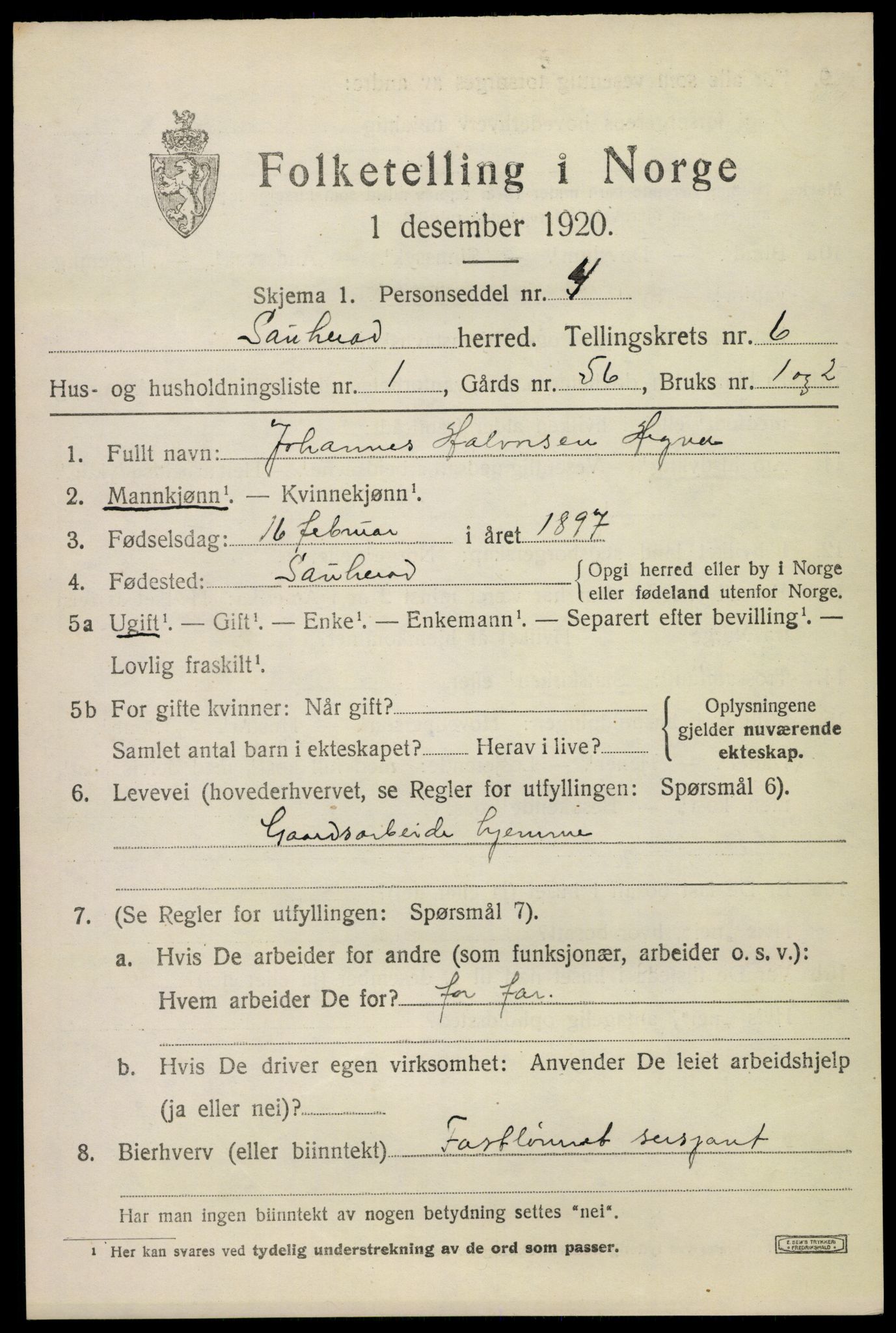 SAKO, 1920 census for Sauherad, 1920, p. 5073