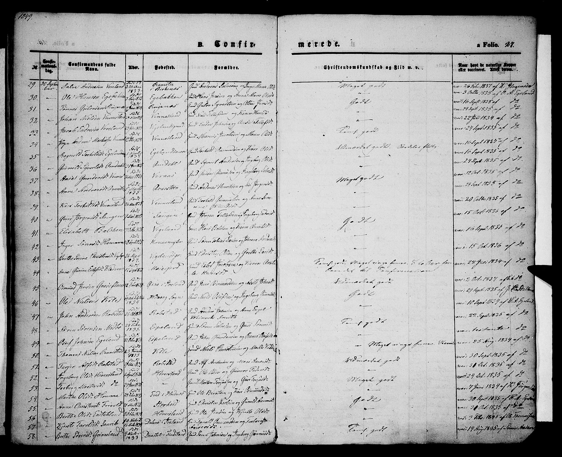 Vennesla sokneprestkontor, SAK/1111-0045/Fa/Fac/L0005: Parish register (official) no. A 5, 1844-1855, p. 27