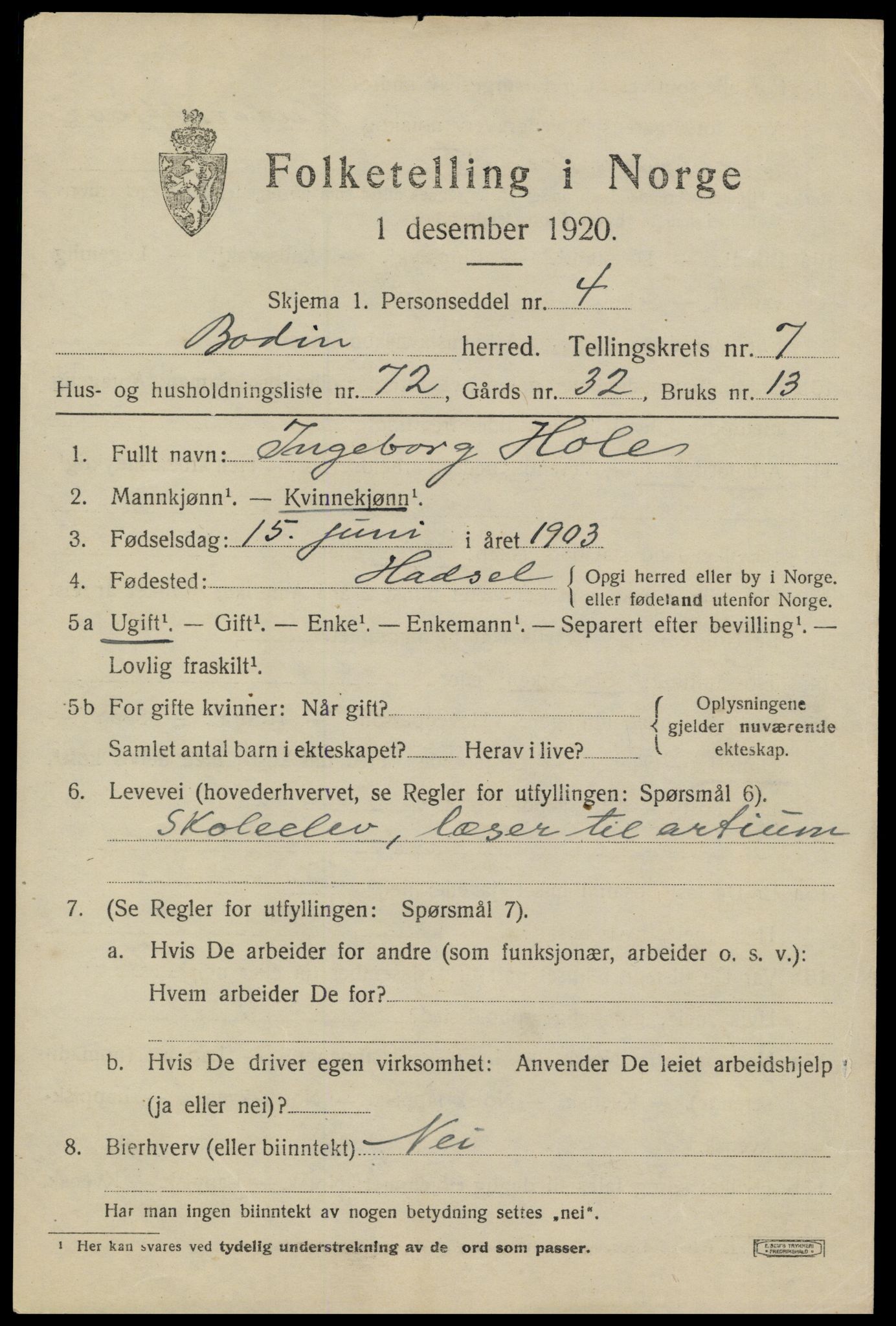 SAT, 1920 census for Bodin, 1920, p. 5834