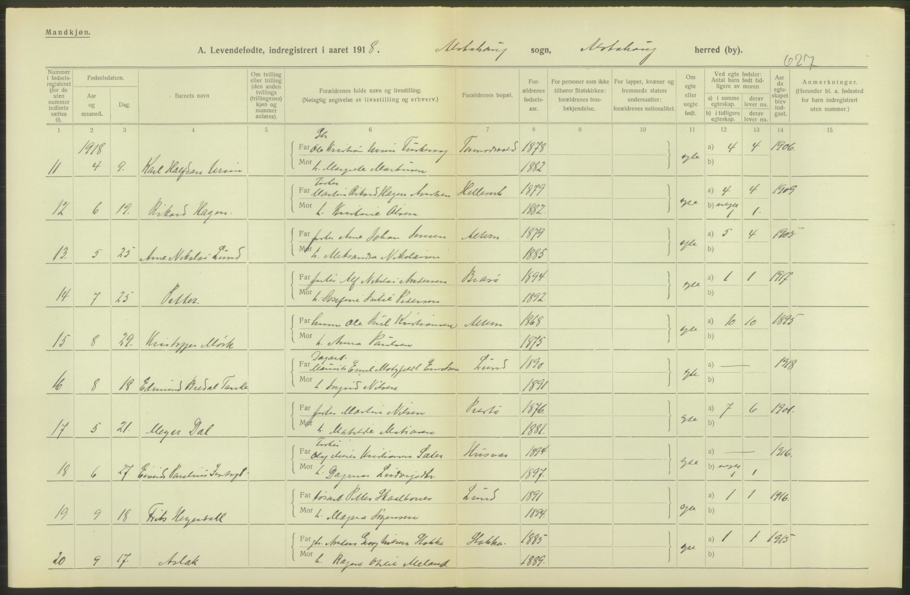 Statistisk sentralbyrå, Sosiodemografiske emner, Befolkning, RA/S-2228/D/Df/Dfb/Dfbh/L0052: Nordland fylke: Levendefødte menn og kvinner. Bygder., 1918, p. 74