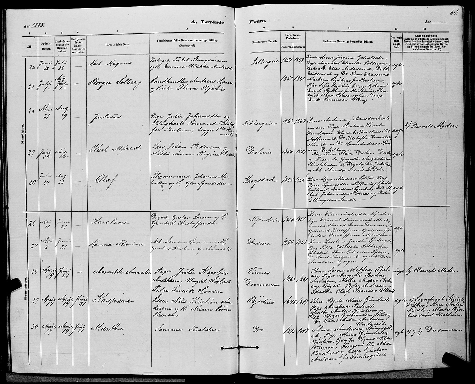 Nedre Eiker kirkebøker, AV/SAKO-A-612/G/Ga/L0002: Parish register (copy) no. 2, 1880-1896, p. 64