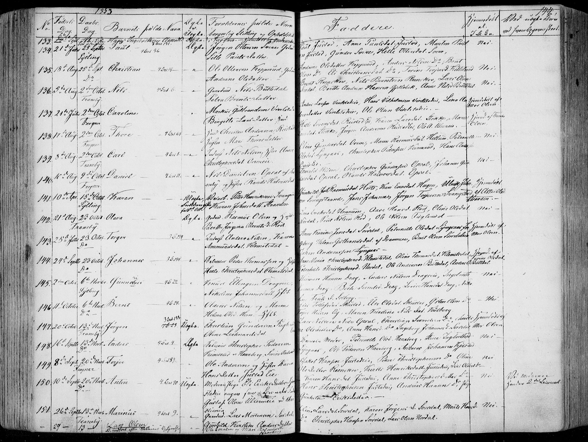 Lier kirkebøker, AV/SAKO-A-230/F/Fa/L0011: Parish register (official) no. I 11, 1843-1854, p. 144