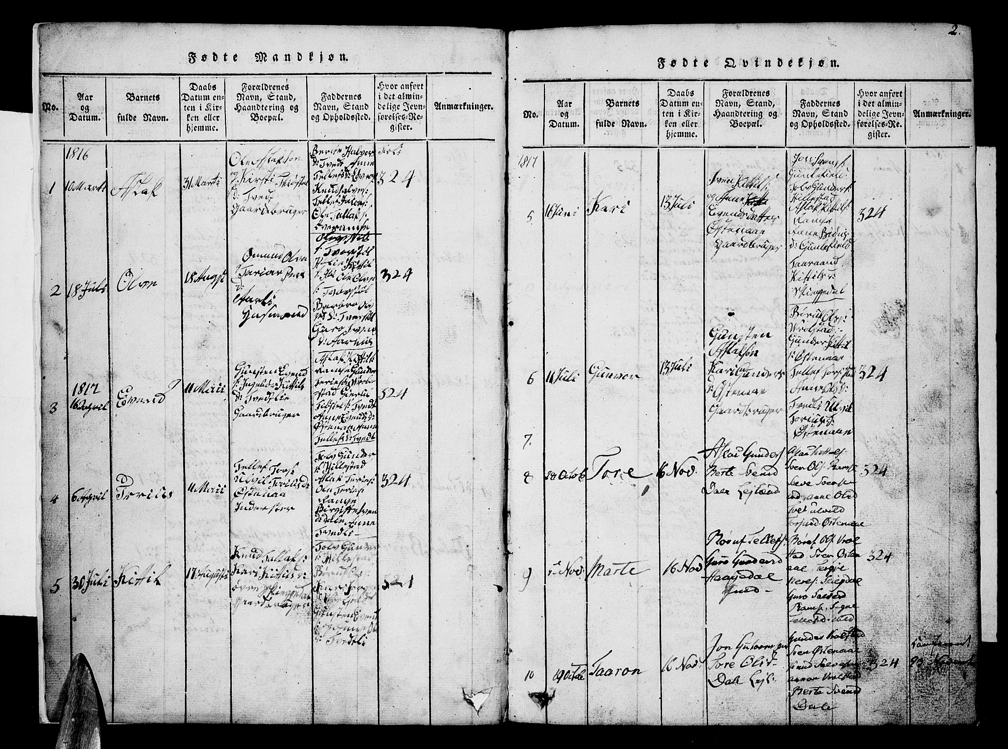 Åmli sokneprestkontor, AV/SAK-1111-0050/F/Fb/Fbb/L0001: Parish register (copy) no. B 1, 1816-1889, p. 2