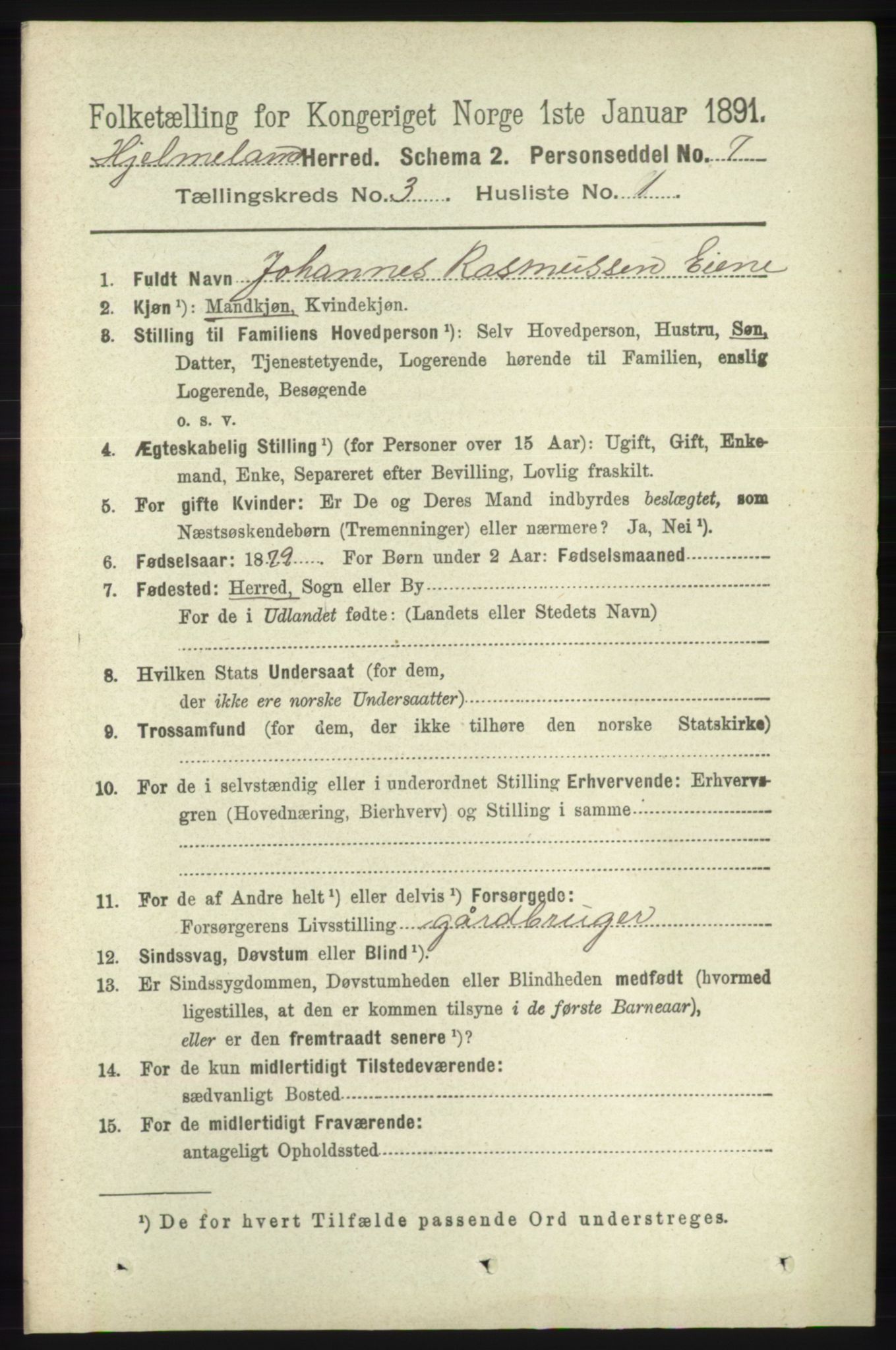 RA, 1891 census for 1133 Hjelmeland, 1891, p. 743