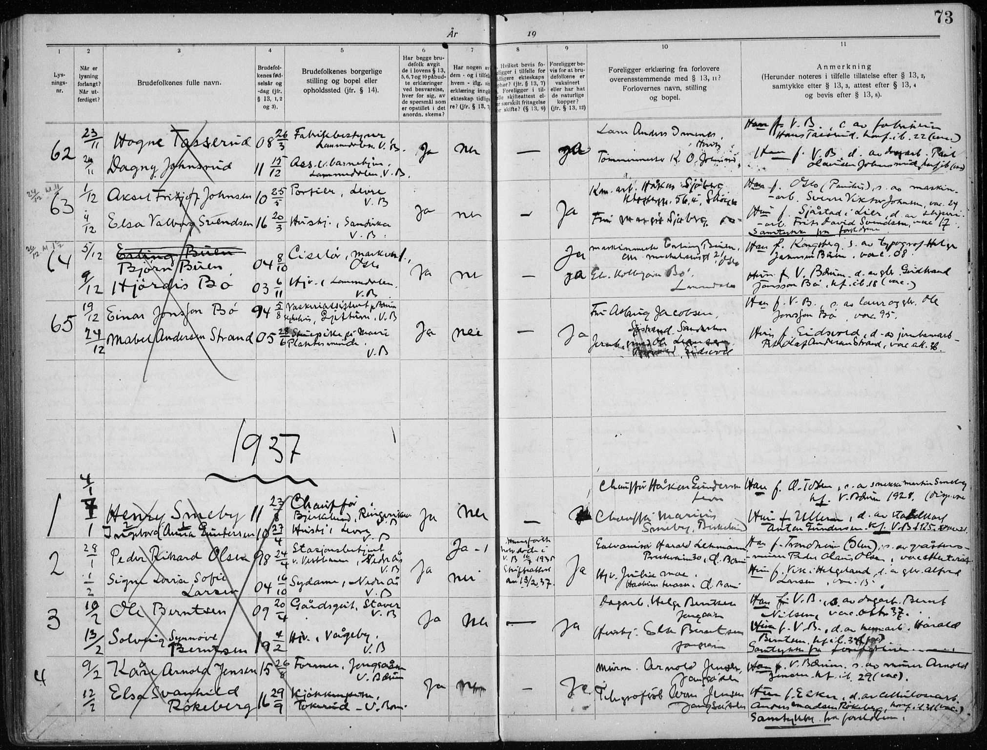 Vestre Bærum prestekontor Kirkebøker, SAO/A-10209a/H/L0001: Banns register no. 1, 1919-1941, p. 73