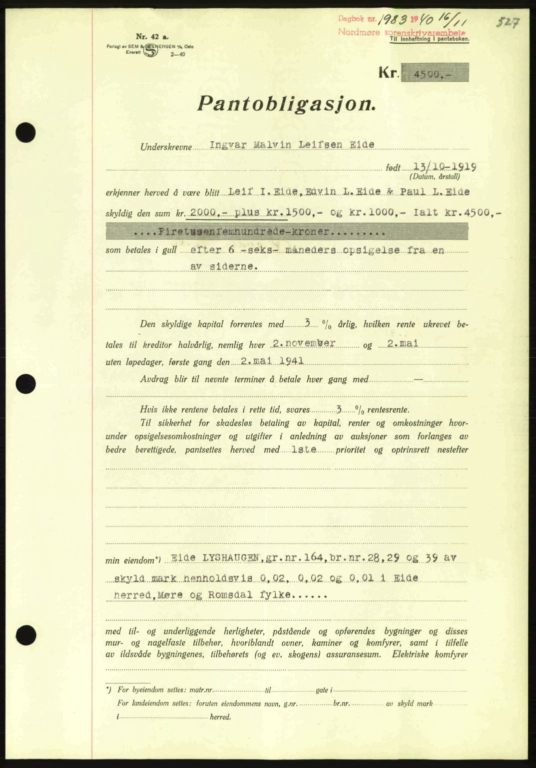 Nordmøre sorenskriveri, AV/SAT-A-4132/1/2/2Ca: Mortgage book no. B87, 1940-1941, Diary no: : 1983/1940