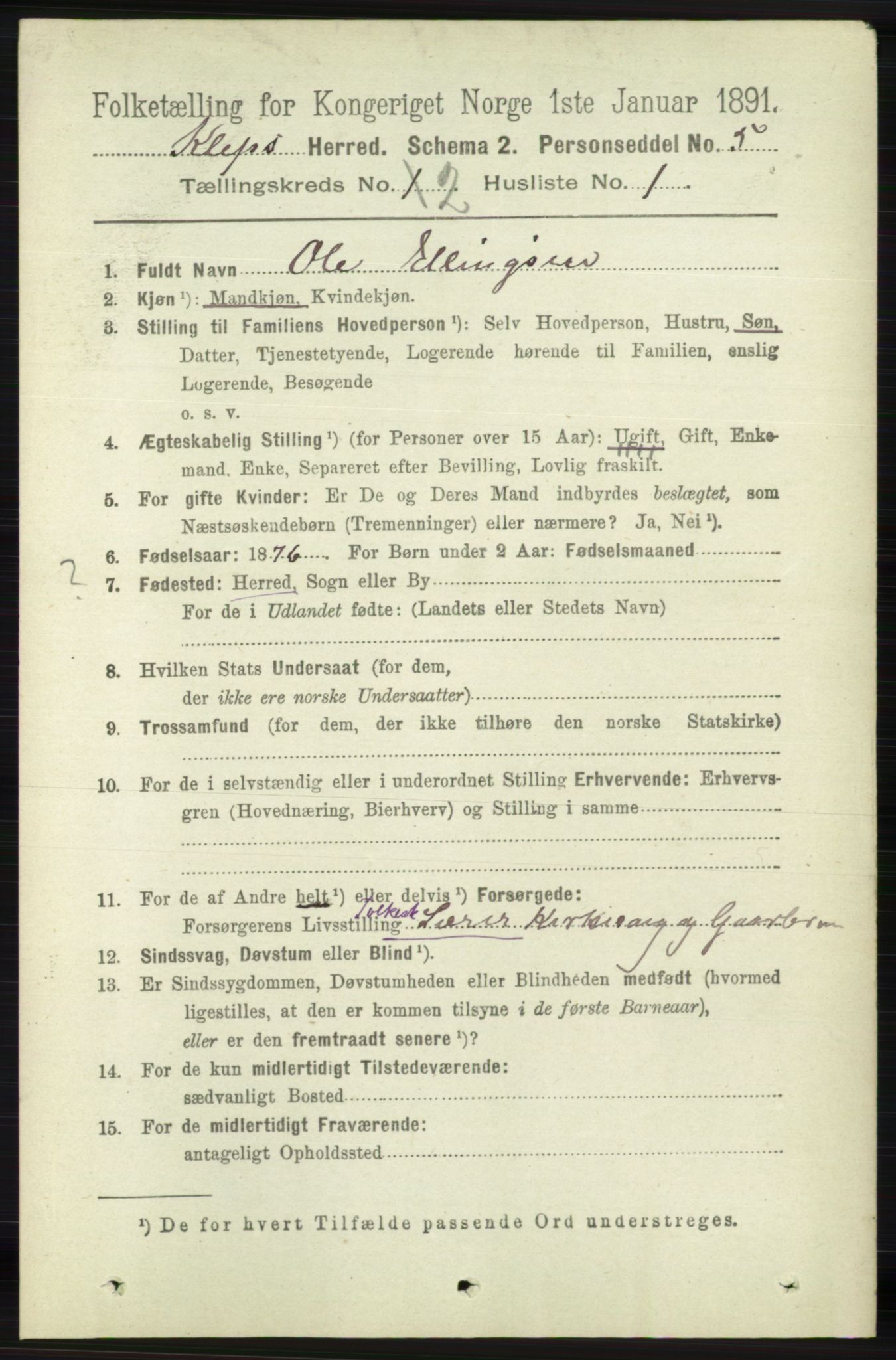 RA, 1891 census for 1120 Klepp, 1891, p. 363