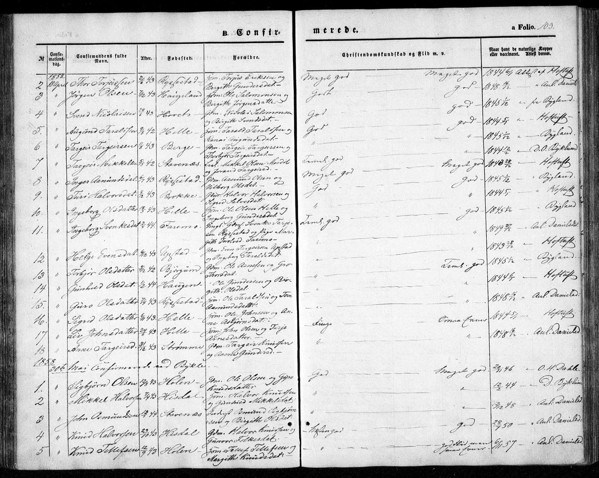 Valle sokneprestkontor, SAK/1111-0044/F/Fa/Fac/L0007: Parish register (official) no. A 7, 1854-1868, p. 103