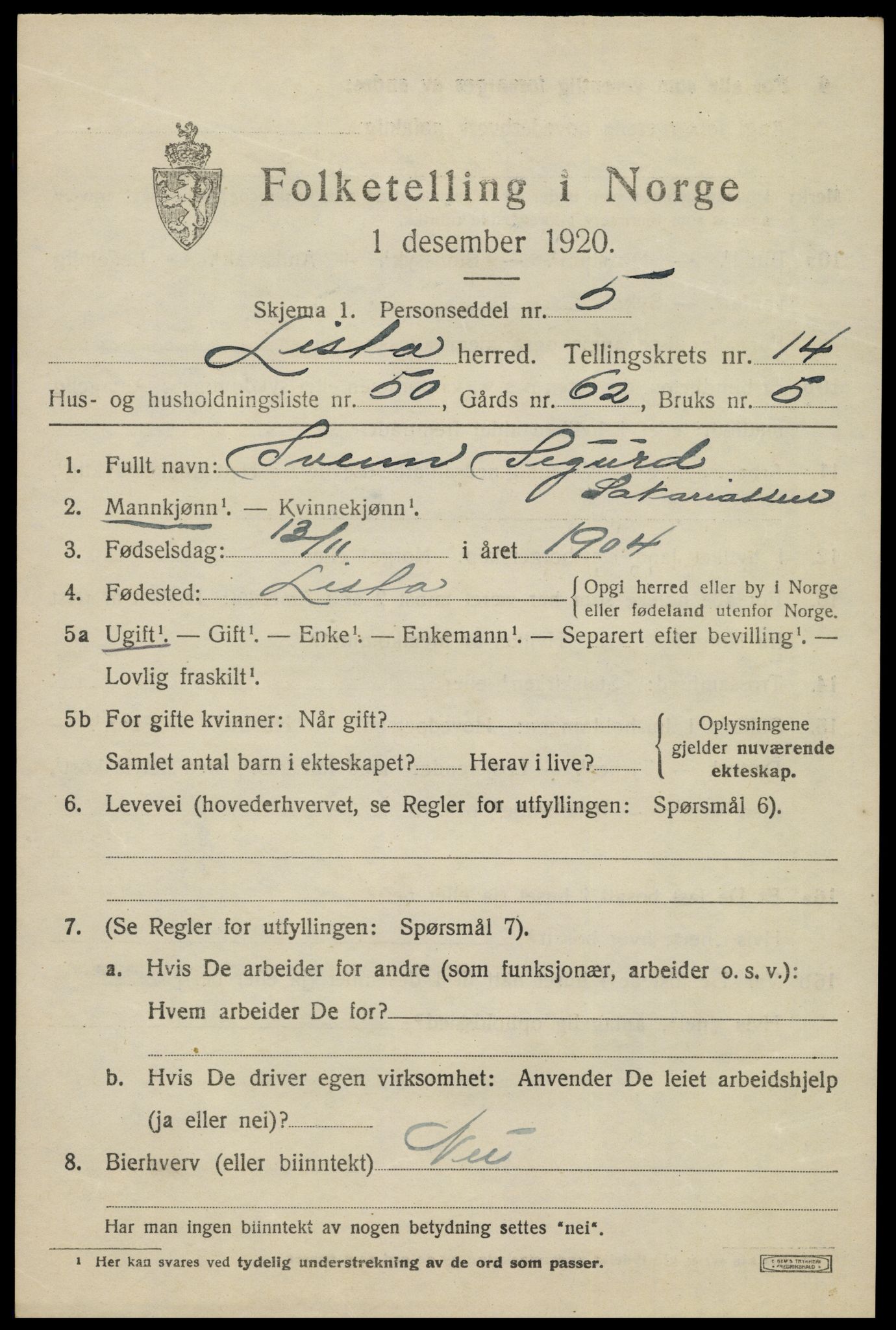 SAK, 1920 census for Lista, 1920, p. 12569