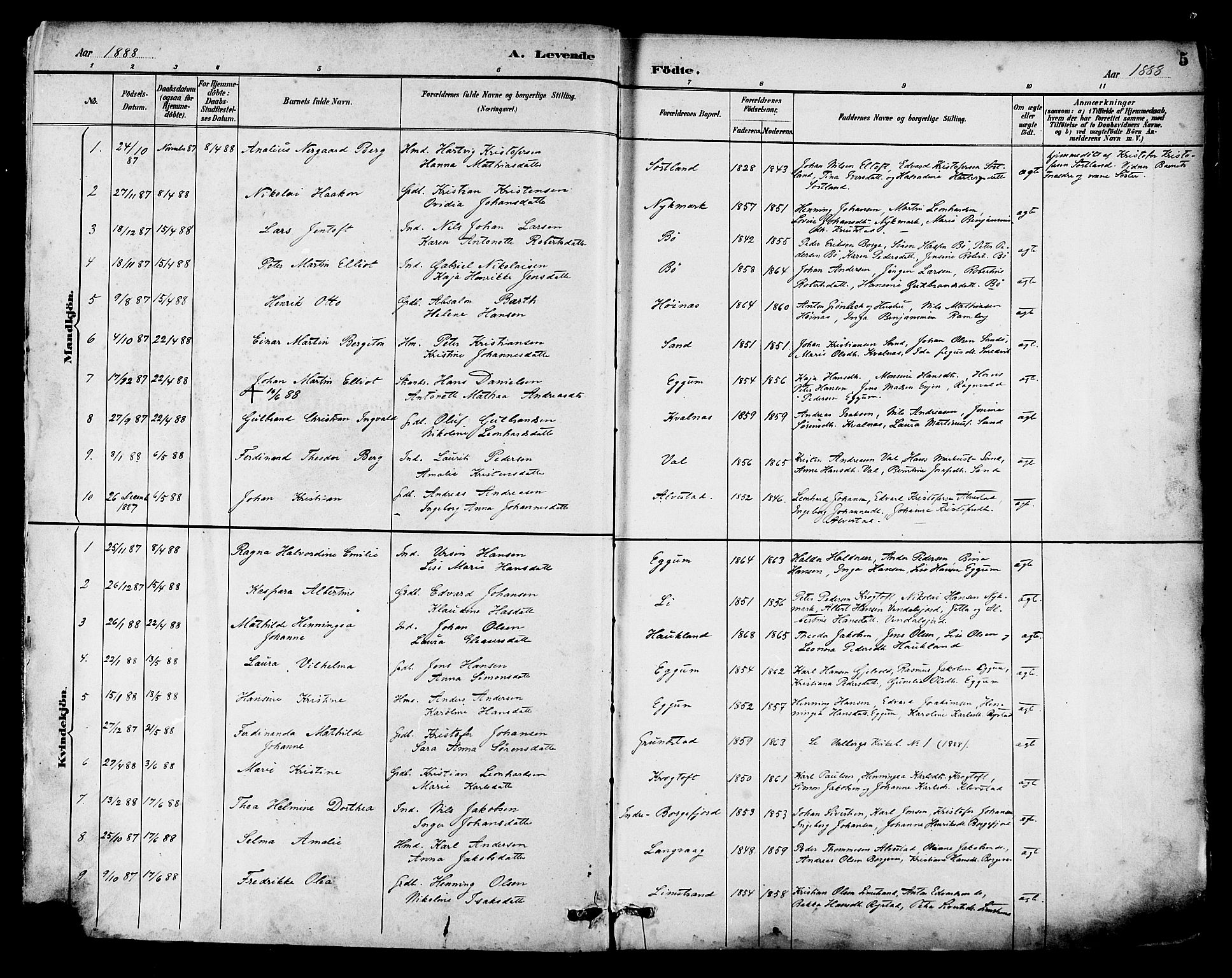 Ministerialprotokoller, klokkerbøker og fødselsregistre - Nordland, AV/SAT-A-1459/880/L1133: Parish register (official) no. 880A07, 1888-1898, p. 5