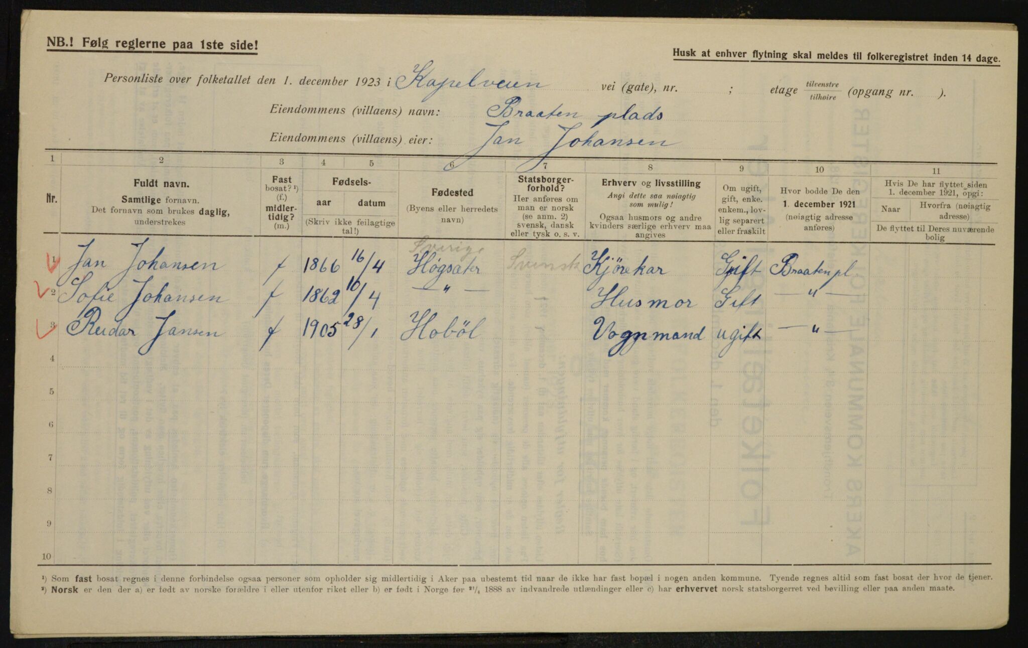 , Municipal Census 1923 for Aker, 1923, p. 12226