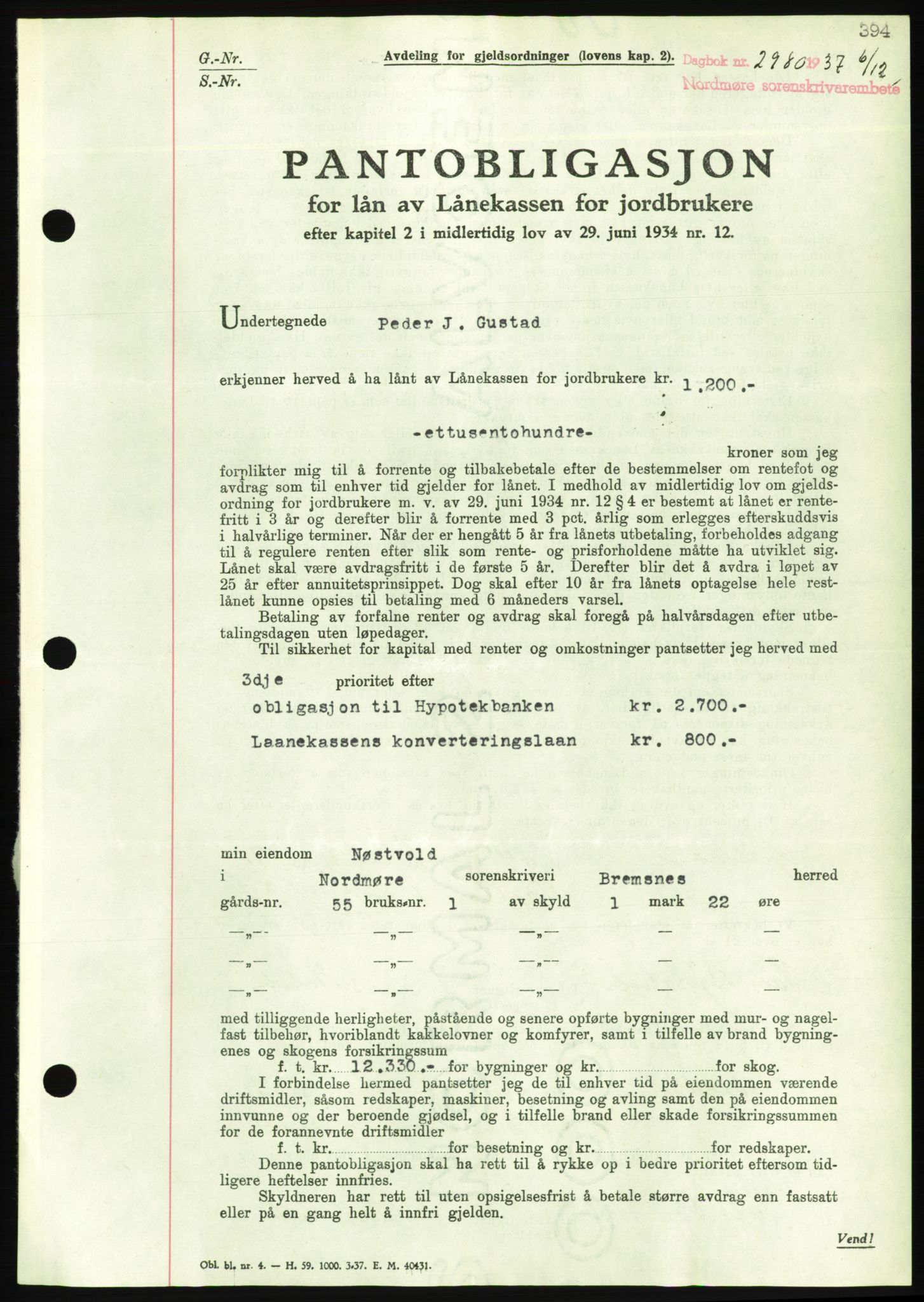 Nordmøre sorenskriveri, AV/SAT-A-4132/1/2/2Ca/L0092: Mortgage book no. B82, 1937-1938, Diary no: : 2980/1937