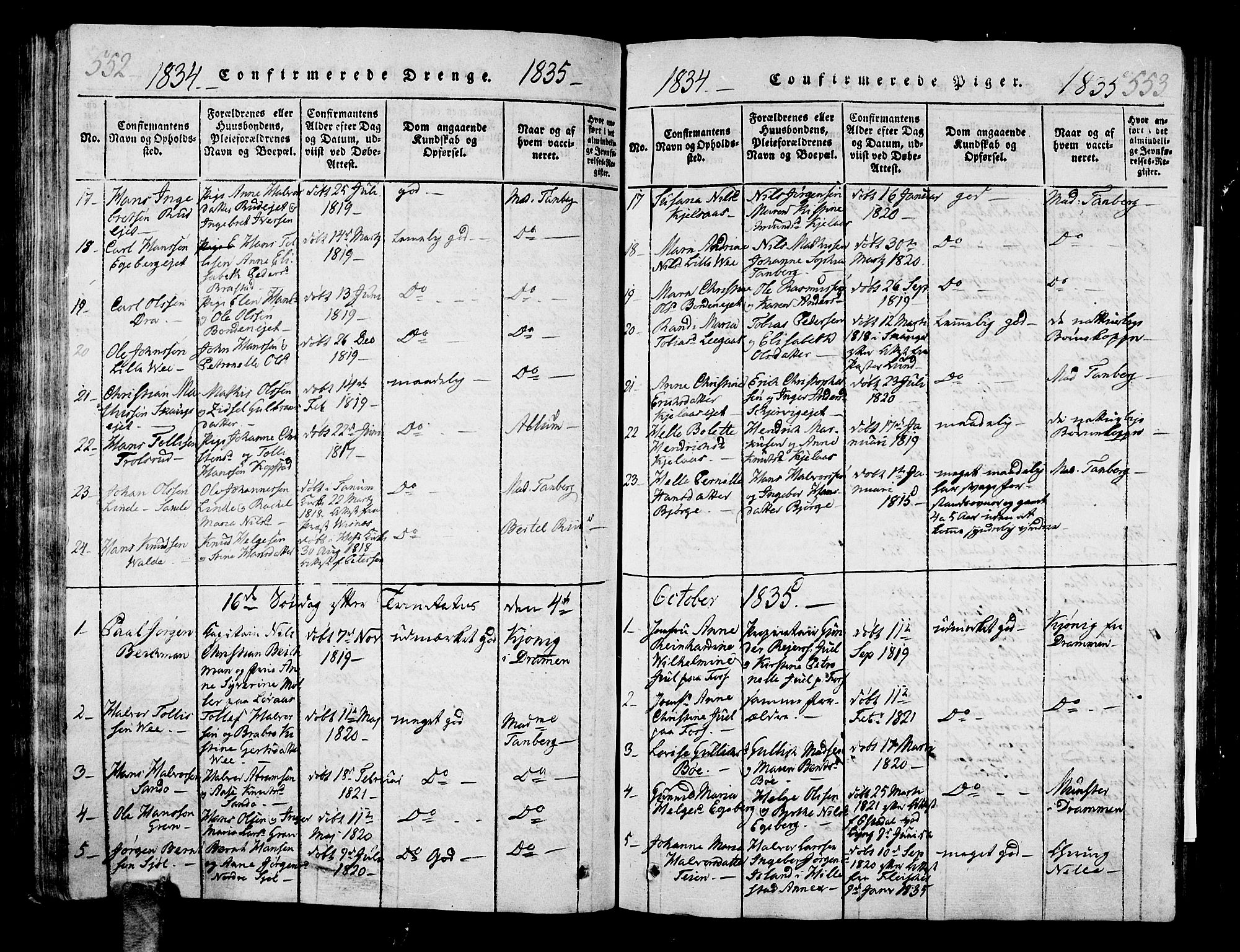 Sande Kirkebøker, AV/SAKO-A-53/G/Ga/L0001: Parish register (copy) no. 1, 1814-1847, p. 552-553