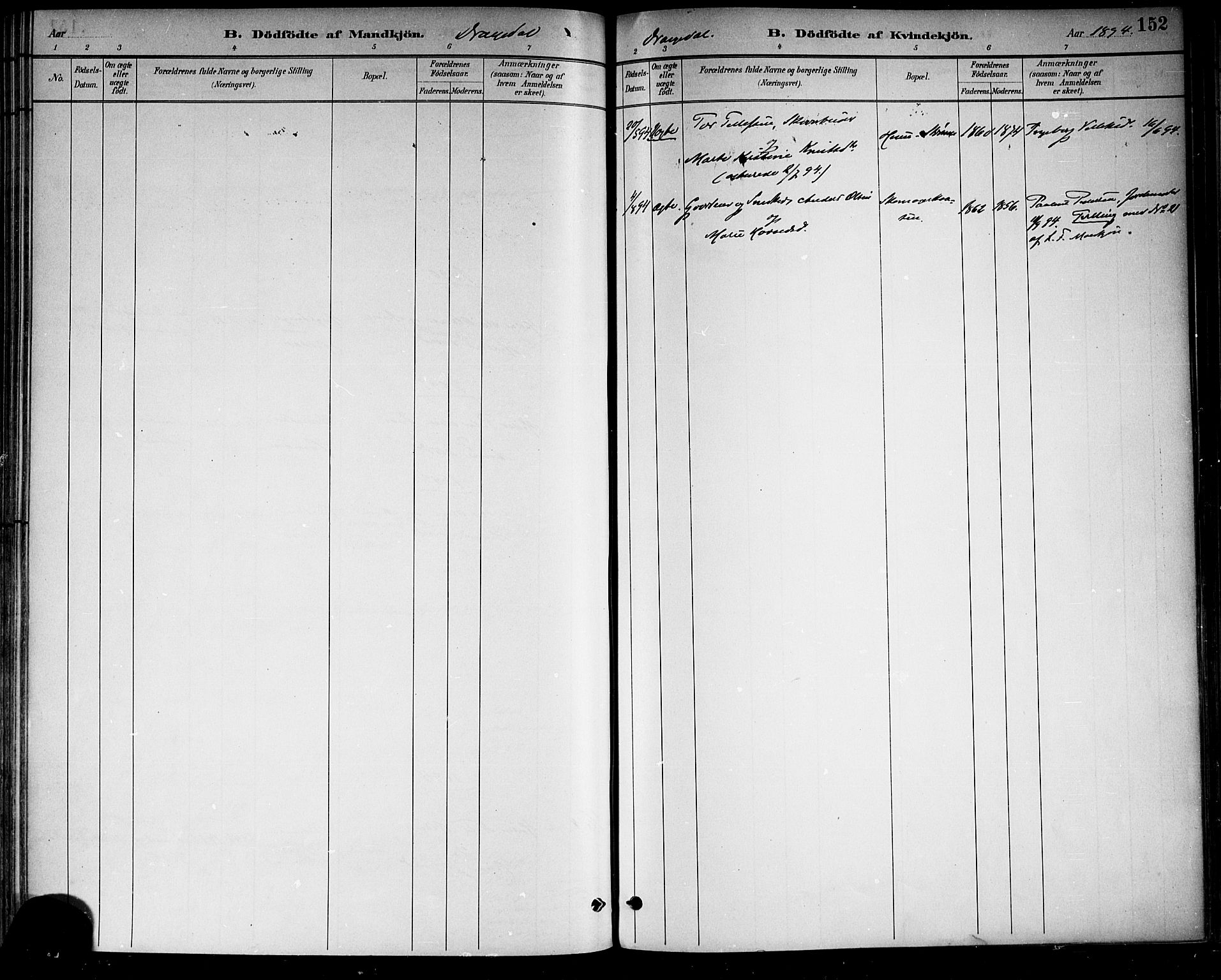 Drangedal kirkebøker, SAKO/A-258/F/Fa/L0010: Parish register (official) no. 10 /1, 1885-1894, p. 152