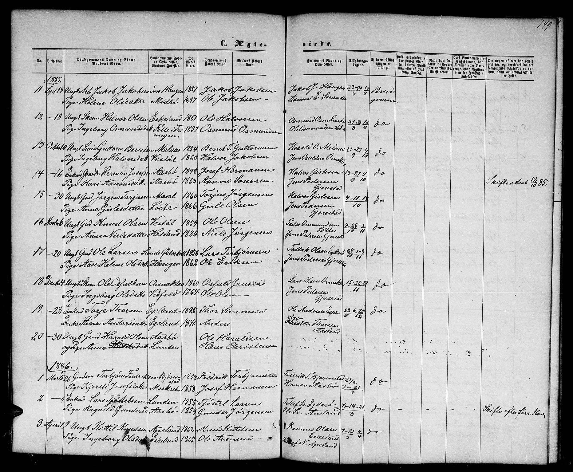 Gjerstad sokneprestkontor, SAK/1111-0014/F/Fb/Fba/L0006: Parish register (copy) no. B 6, 1868-1890, p. 149