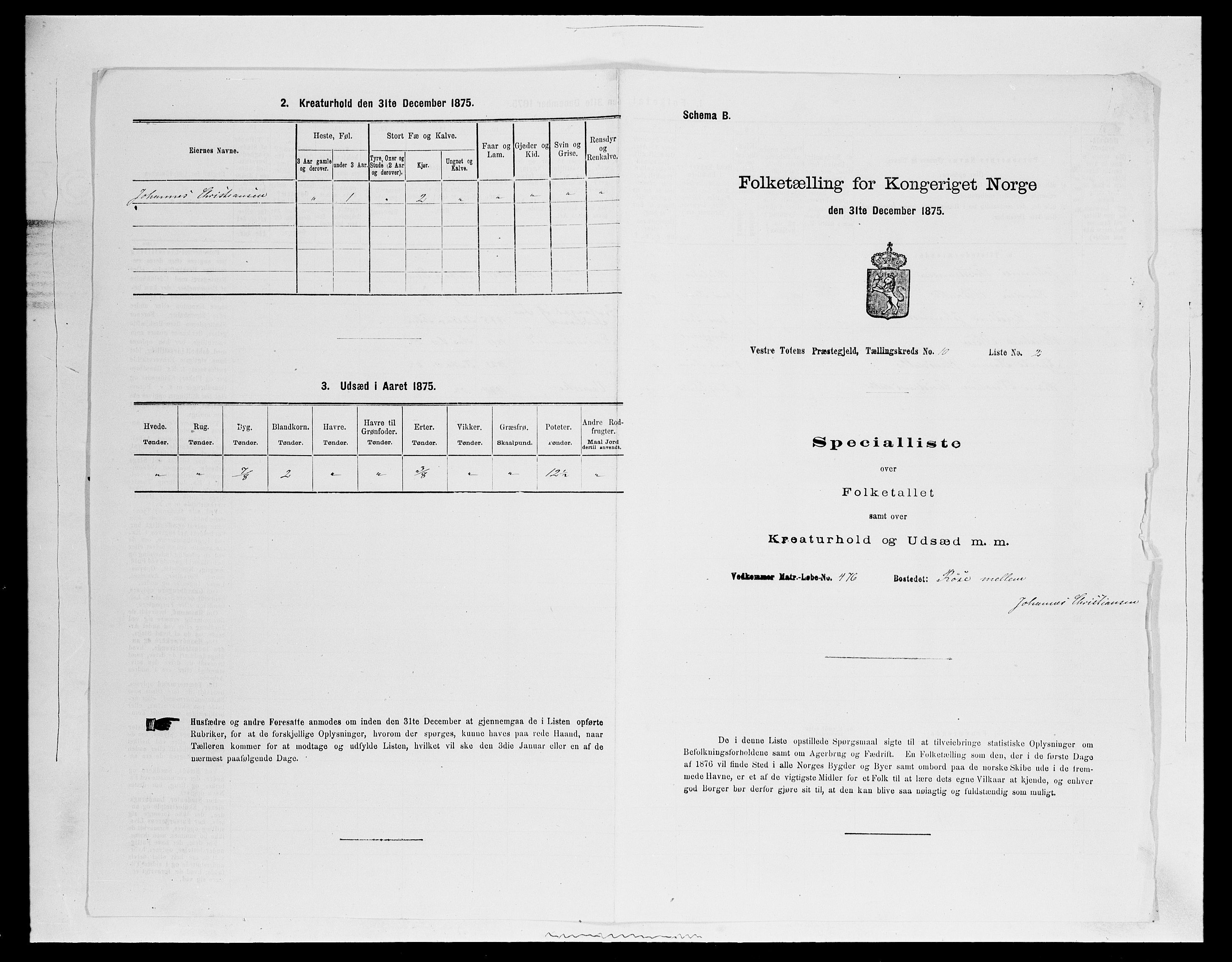 SAH, 1875 census for 0529P Vestre Toten, 1875, p. 1858