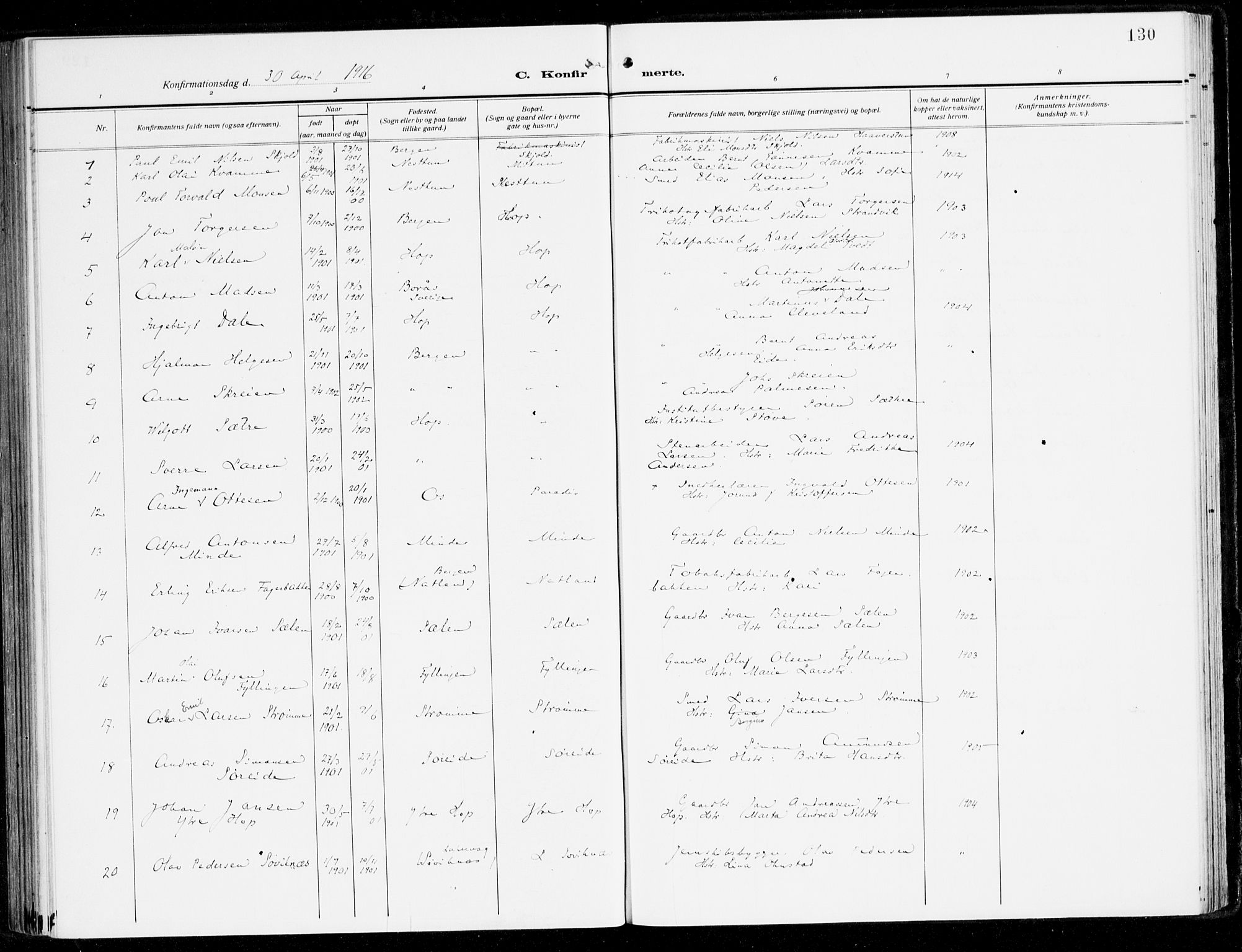 Fana Sokneprestembete, AV/SAB-A-75101/H/Haa/Haai/L0004: Parish register (official) no. I 4, 1912-1933, p. 130