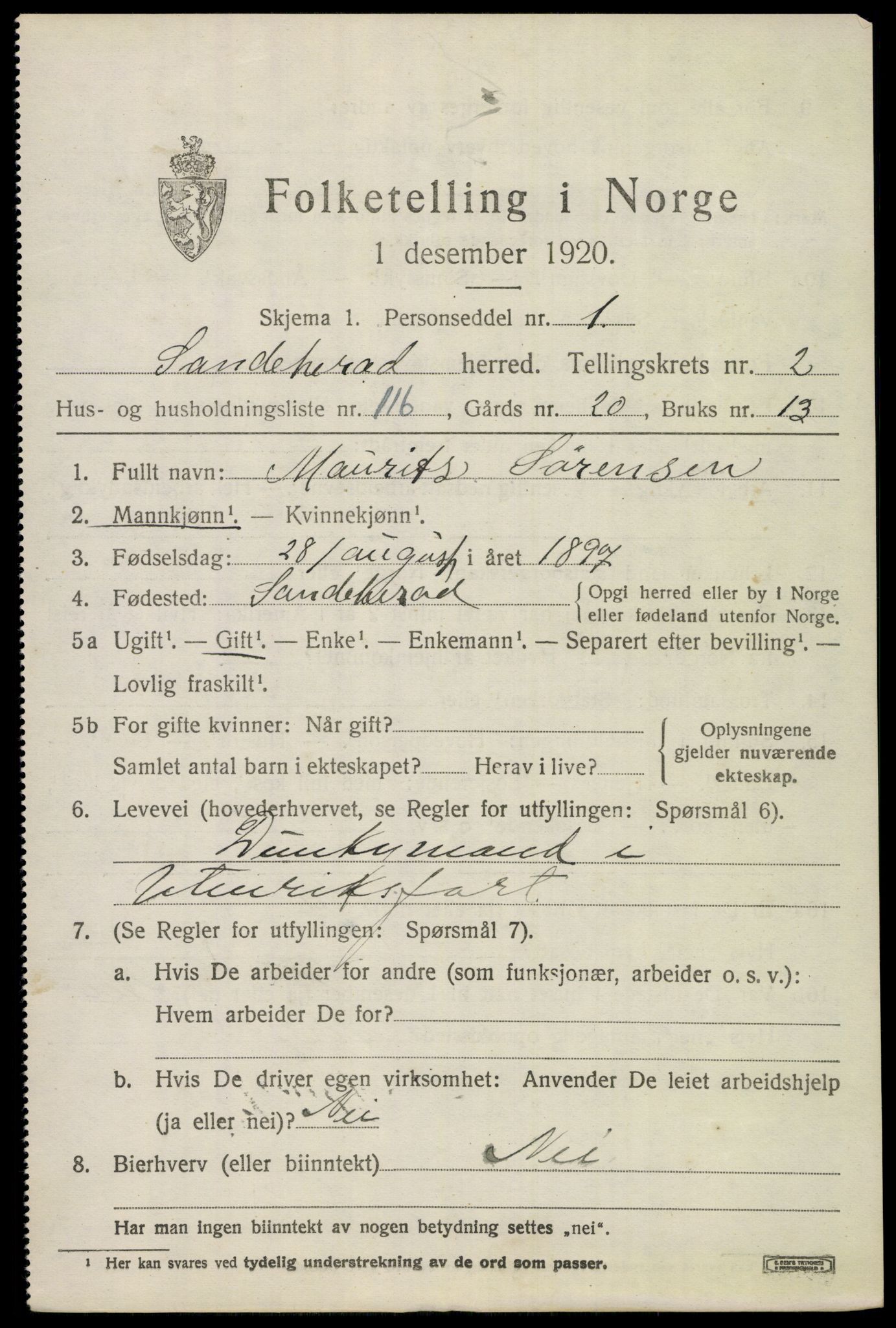 SAKO, 1920 census for Sandeherred, 1920, p. 5224