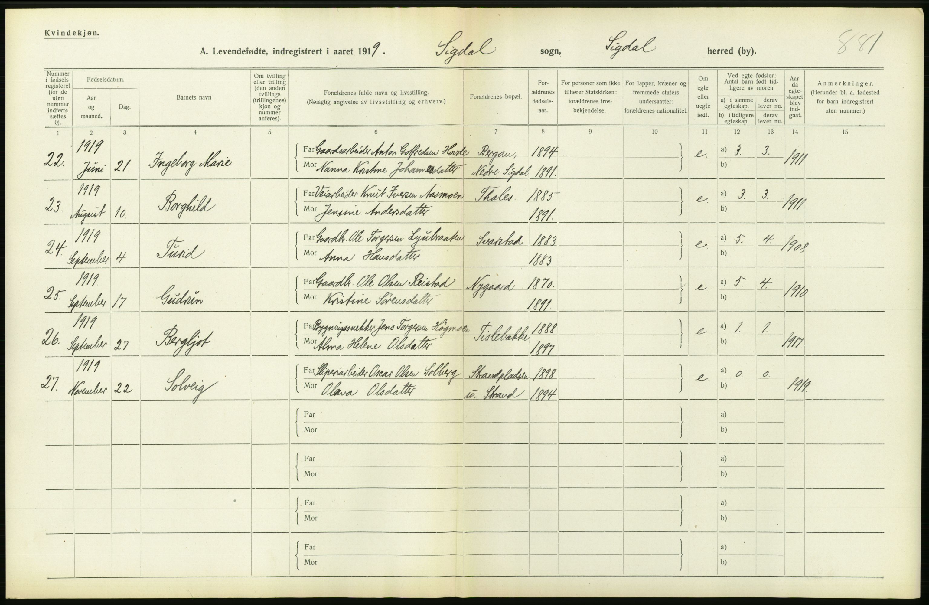 Statistisk sentralbyrå, Sosiodemografiske emner, Befolkning, RA/S-2228/D/Df/Dfb/Dfbi/L0016: Buskerud fylke: Levendefødte menn og kvinner. Bygder., 1919, p. 186