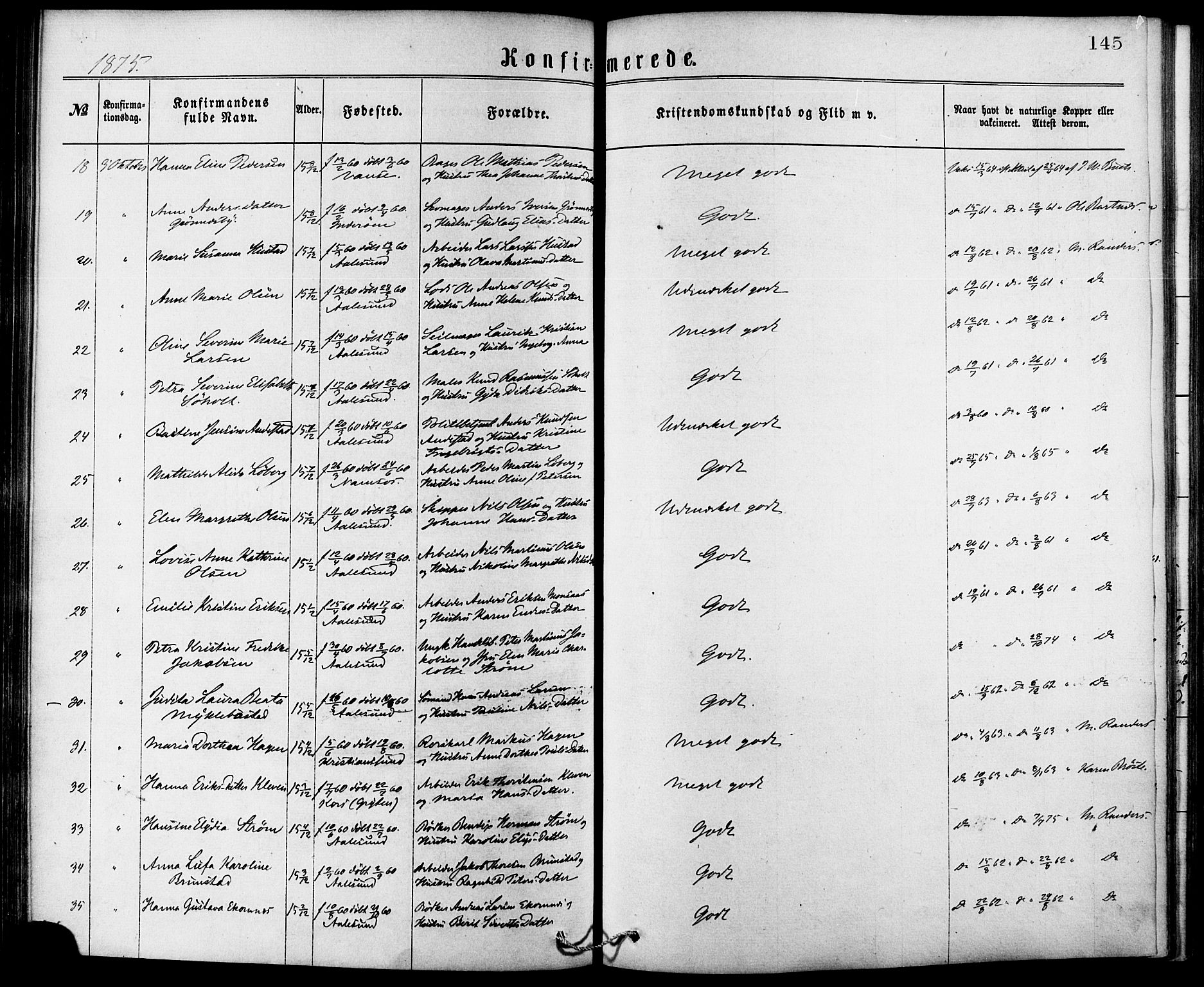 Ministerialprotokoller, klokkerbøker og fødselsregistre - Møre og Romsdal, AV/SAT-A-1454/529/L0453: Parish register (official) no. 529A03, 1872-1877, p. 145