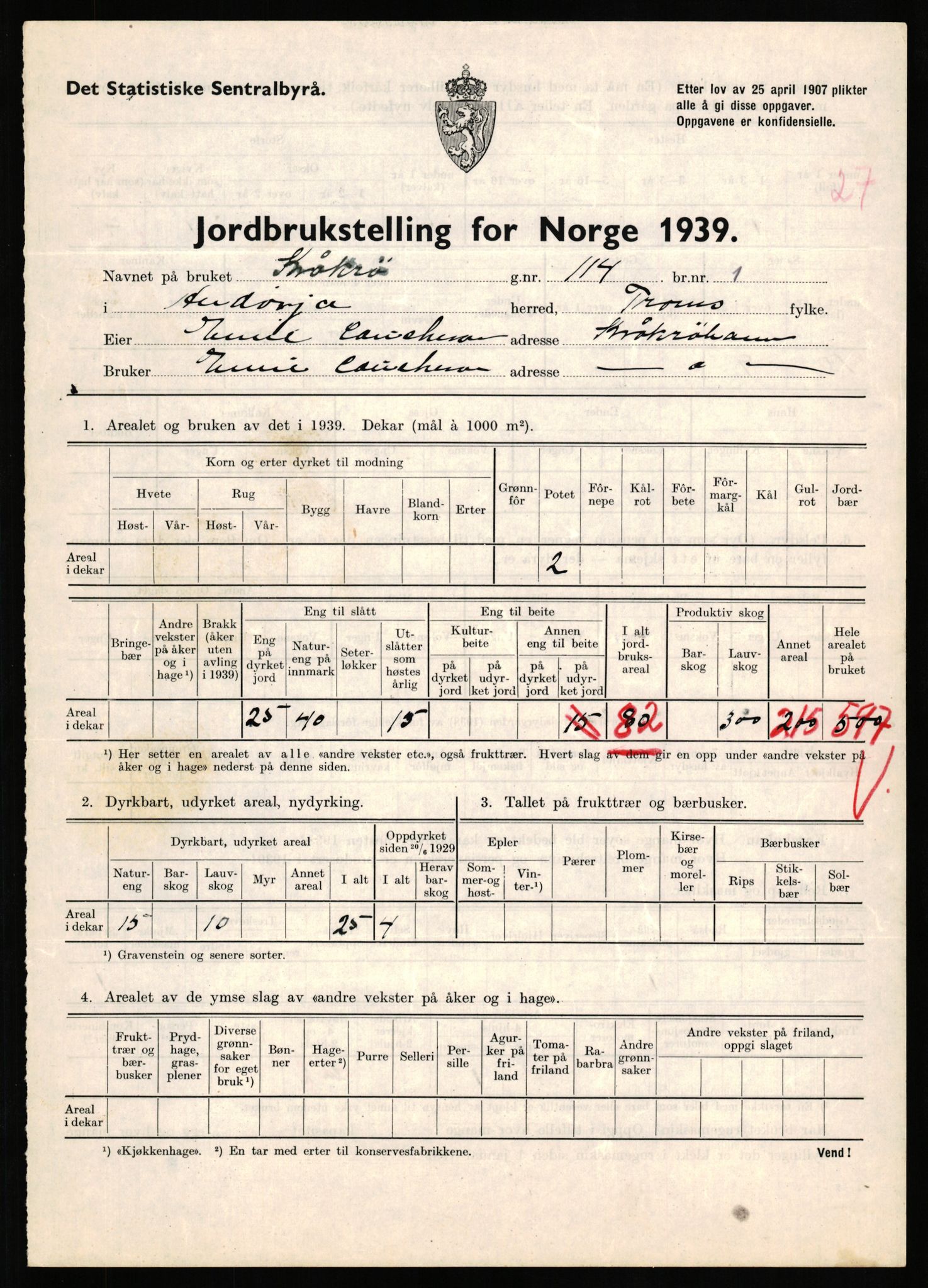 Statistisk sentralbyrå, Næringsøkonomiske emner, Jordbruk, skogbruk, jakt, fiske og fangst, AV/RA-S-2234/G/Gb/L0339: Troms: Andørja, Astafjord og Lavangen, 1939, p. 838