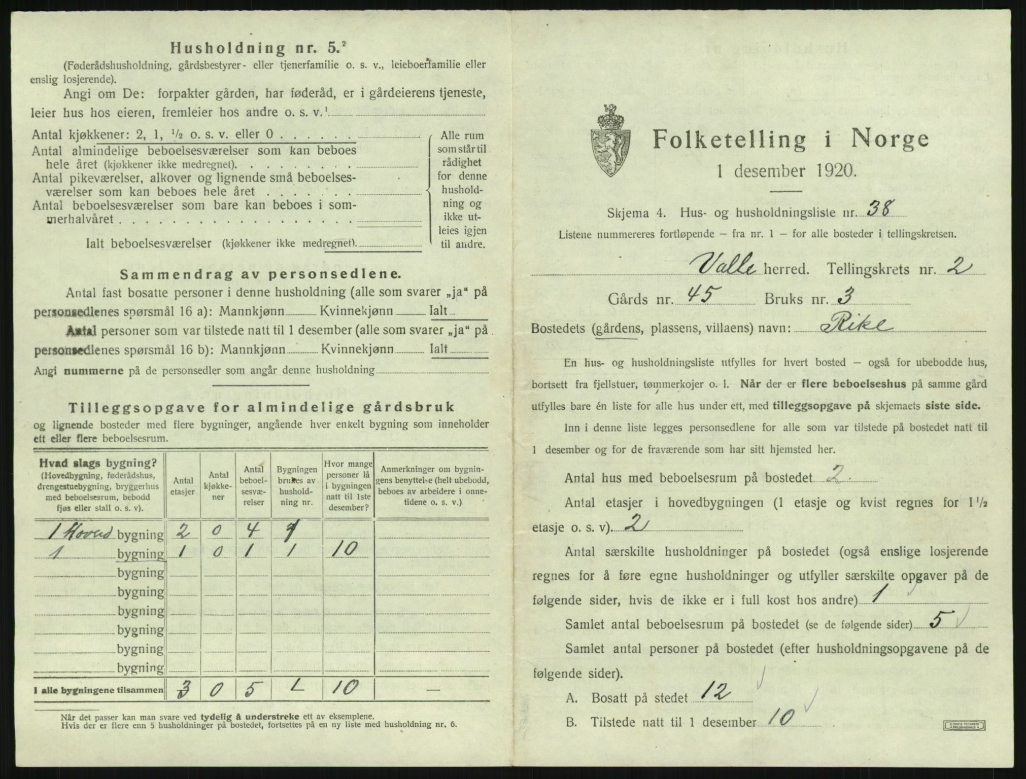 SAK, 1920 census for Valle, 1920, p. 191