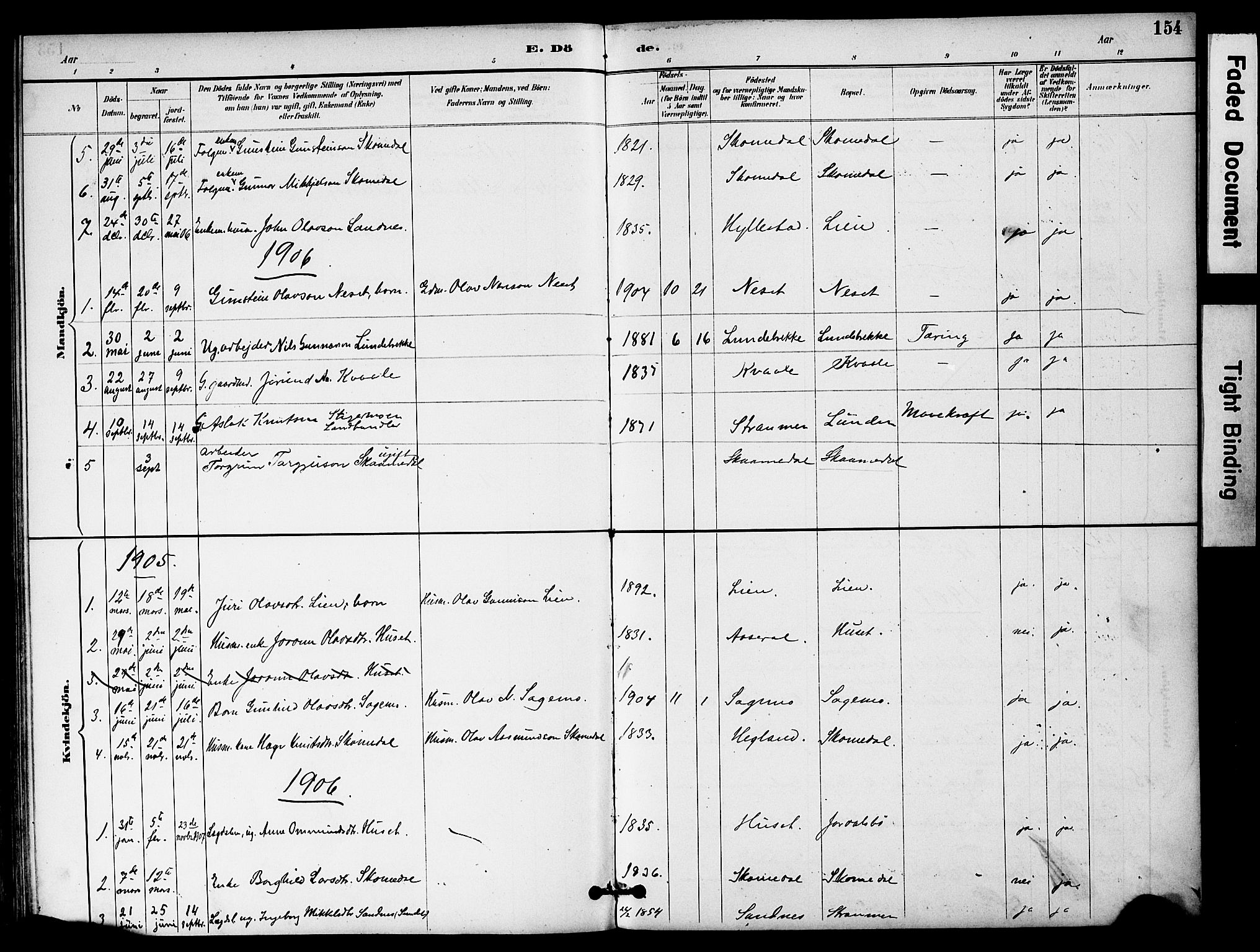 Bygland sokneprestkontor, AV/SAK-1111-0006/F/Fa/Fab/L0007: Parish register (official) no. A 7, 1885-1909, p. 154