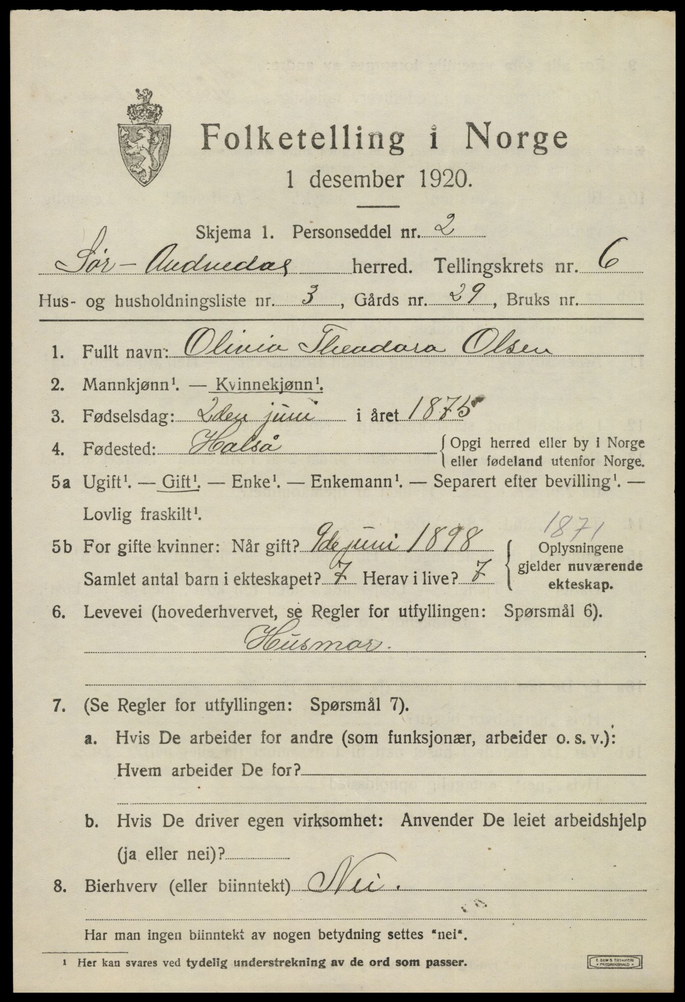 SAK, 1920 census for Sør-Audnedal, 1920, p. 2711