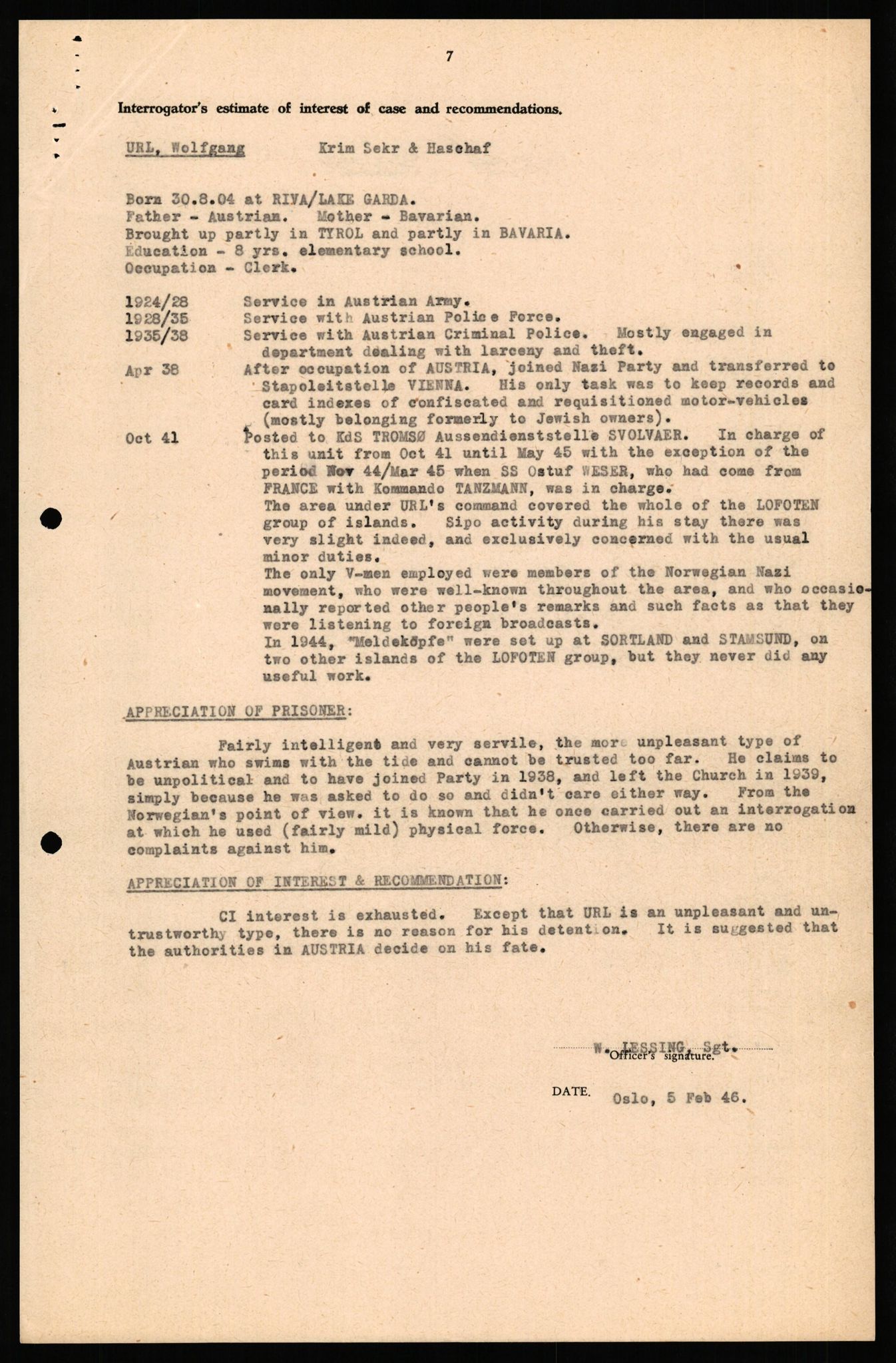 Forsvaret, Forsvarets overkommando II, RA/RAFA-3915/D/Db/L0040: CI Questionaires. Tyske okkupasjonsstyrker i Norge. Østerrikere., 1945-1946, p. 329