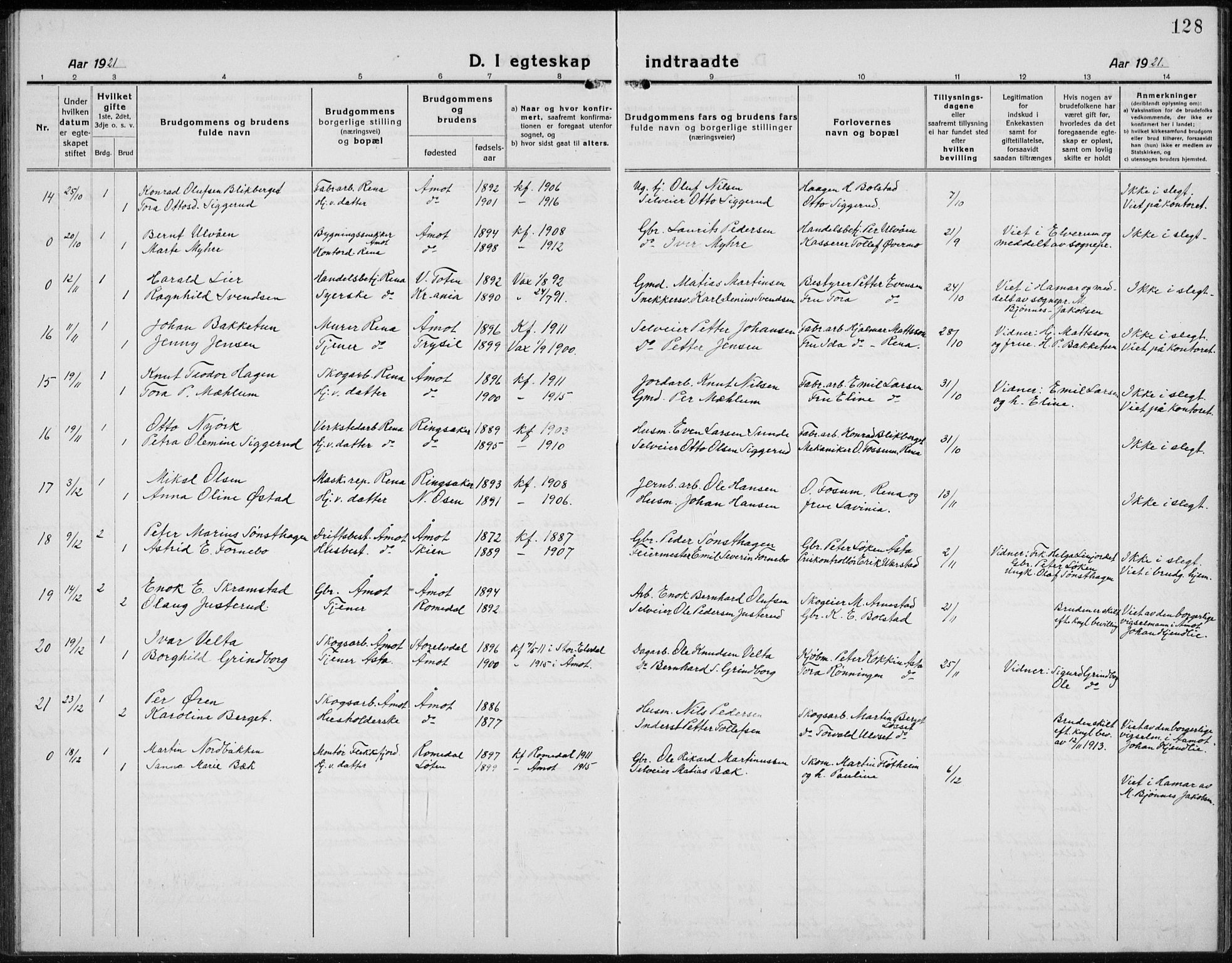 Åmot prestekontor, Hedmark, AV/SAH-PREST-056/H/Ha/Hab/L0005: Parish register (copy) no. 5, 1921-1934, p. 128