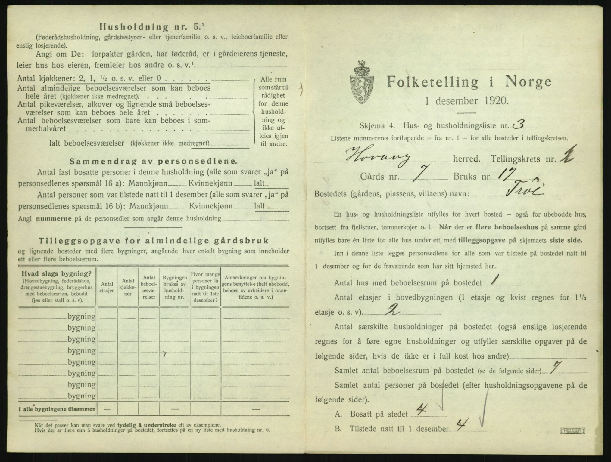 SAK, 1920 census for Høvåg, 1920, p. 96