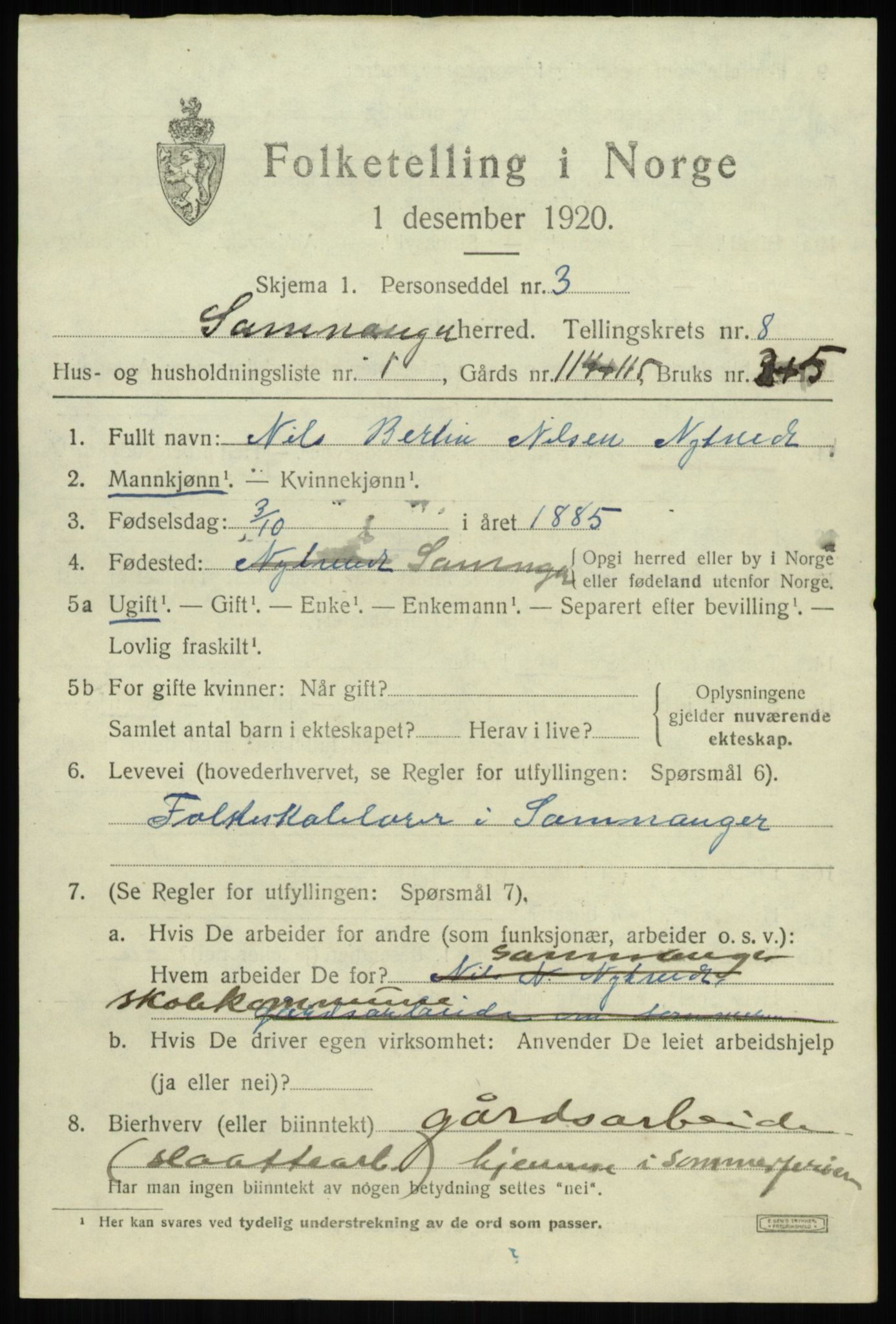 SAB, 1920 census for Samnanger, 1920, p. 3529