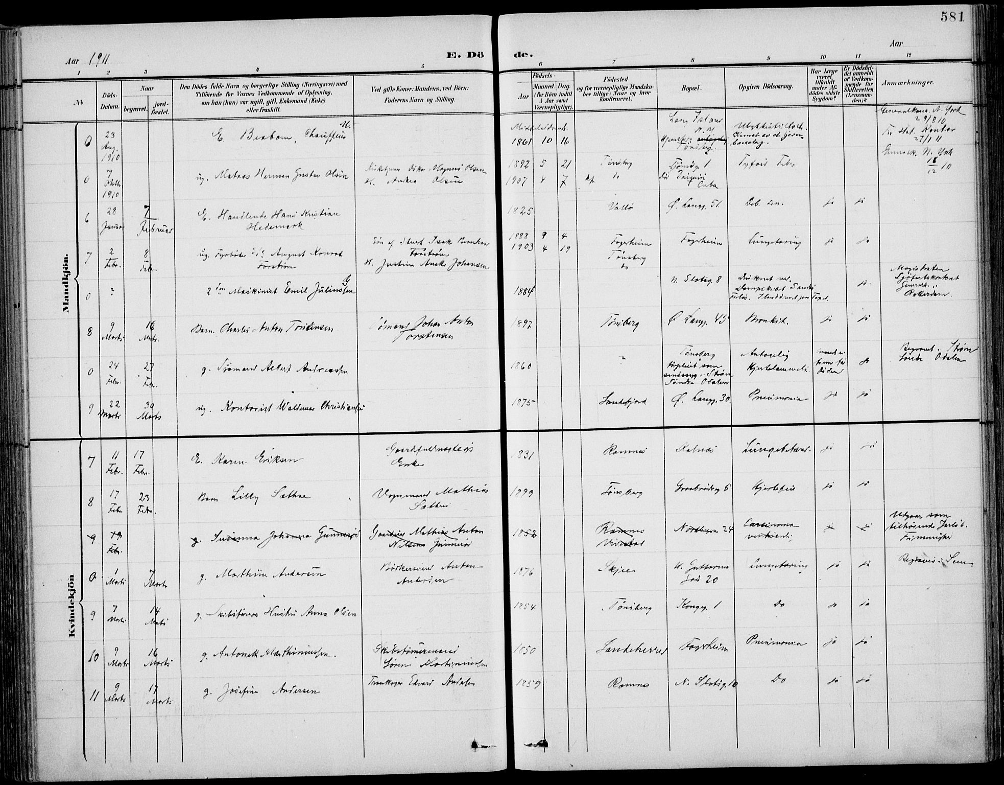 Tønsberg kirkebøker, AV/SAKO-A-330/F/Fa/L0013: Parish register (official) no. I 13, 1900-1913, p. 581