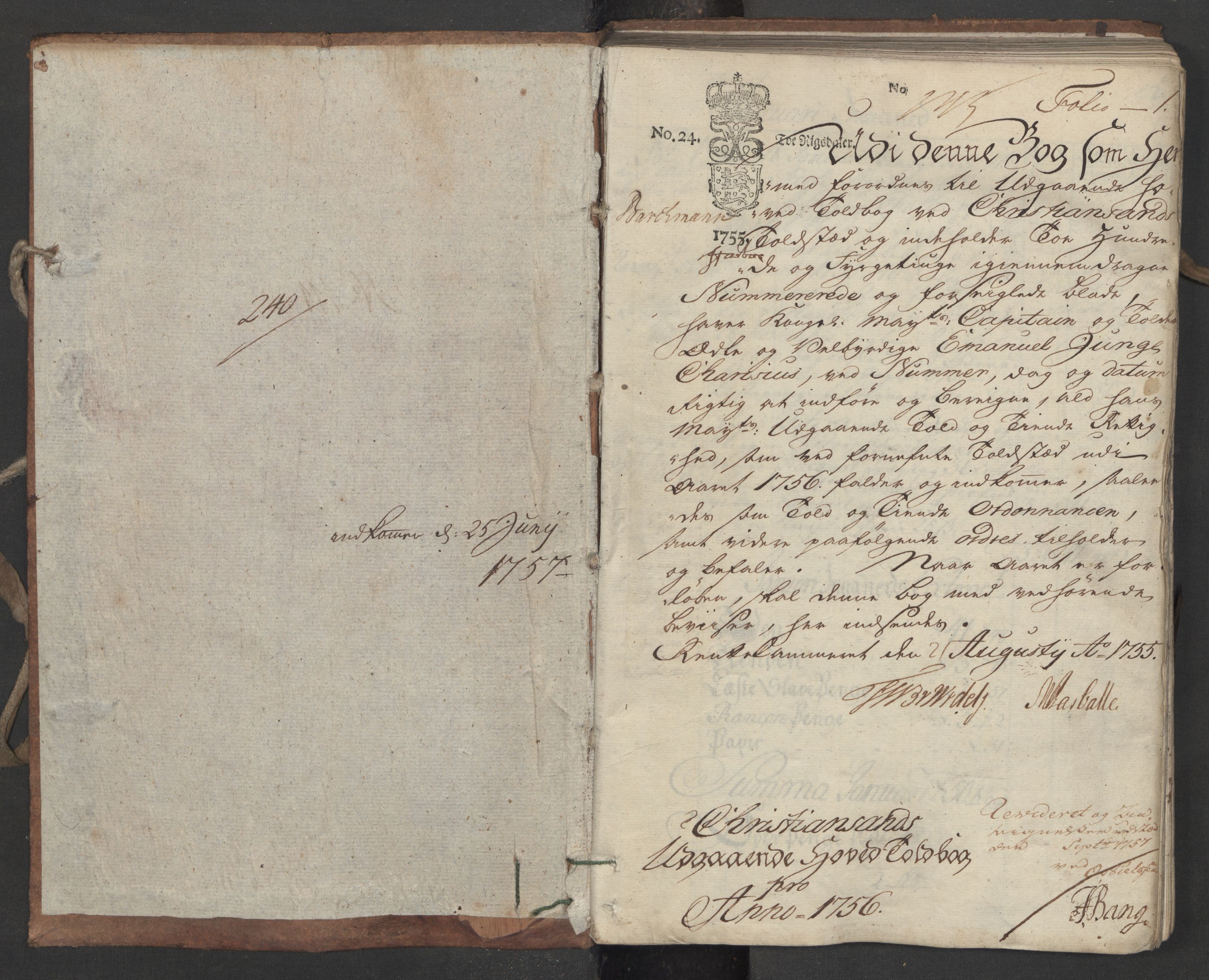 Generaltollkammeret, tollregnskaper, RA/EA-5490/R16/L0034/0001: Tollregnskaper Kristiansand / Utgående hovedtollbok, 1756, p. 1a