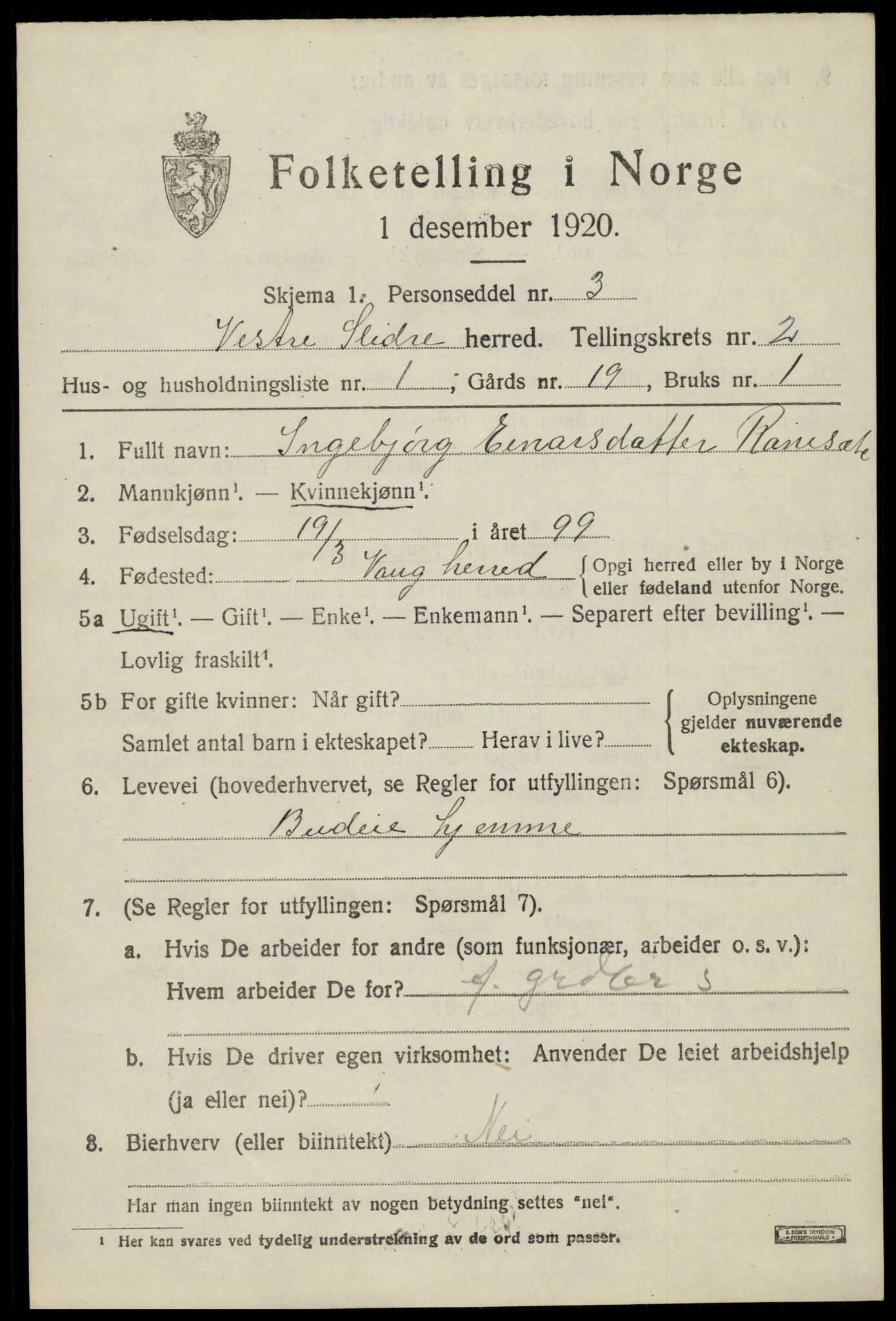 SAH, 1920 census for Vestre Slidre, 1920, p. 1556