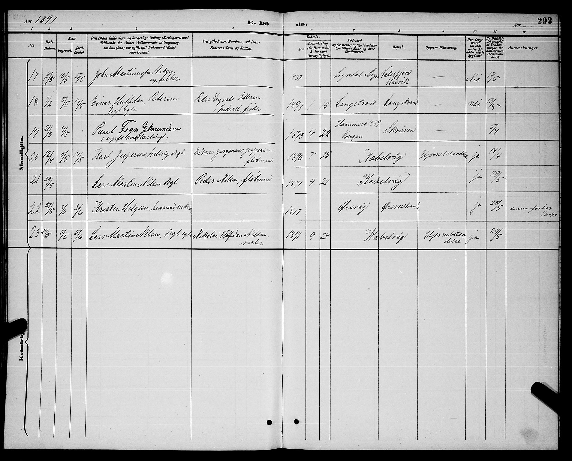 Ministerialprotokoller, klokkerbøker og fødselsregistre - Nordland, AV/SAT-A-1459/874/L1077: Parish register (copy) no. 874C06, 1891-1900, p. 292