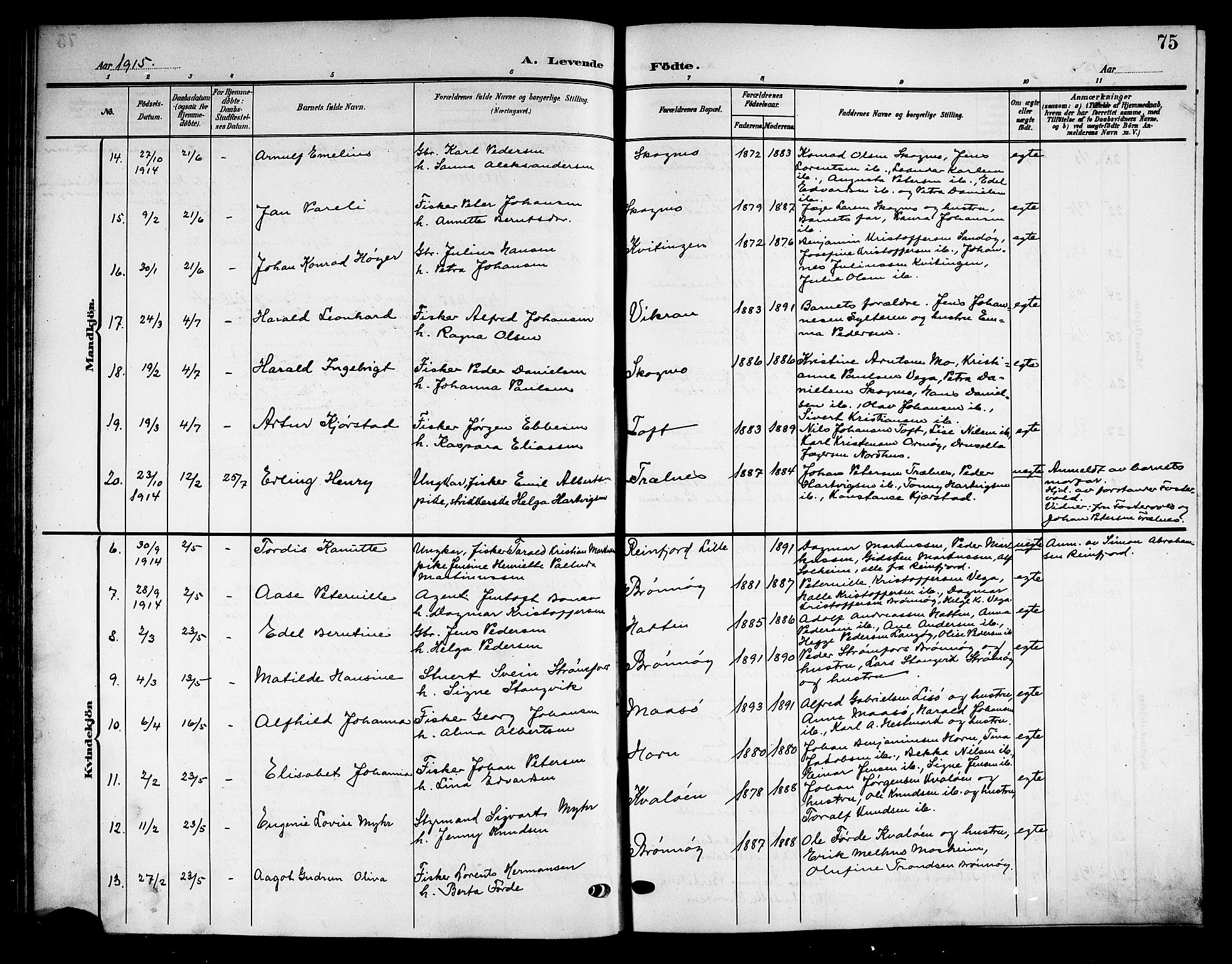 Ministerialprotokoller, klokkerbøker og fødselsregistre - Nordland, AV/SAT-A-1459/813/L0214: Parish register (copy) no. 813C06, 1904-1917, p. 75