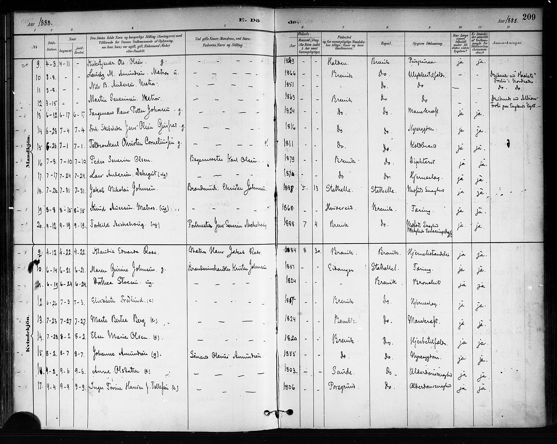 Brevik kirkebøker, SAKO/A-255/F/Fa/L0007: Parish register (official) no. 7, 1882-1900, p. 209