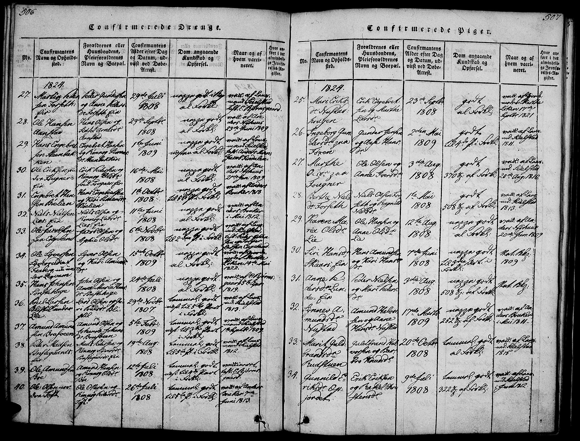 Gausdal prestekontor, AV/SAH-PREST-090/H/Ha/Haa/L0005: Parish register (official) no. 5, 1817-1829, p. 506-507