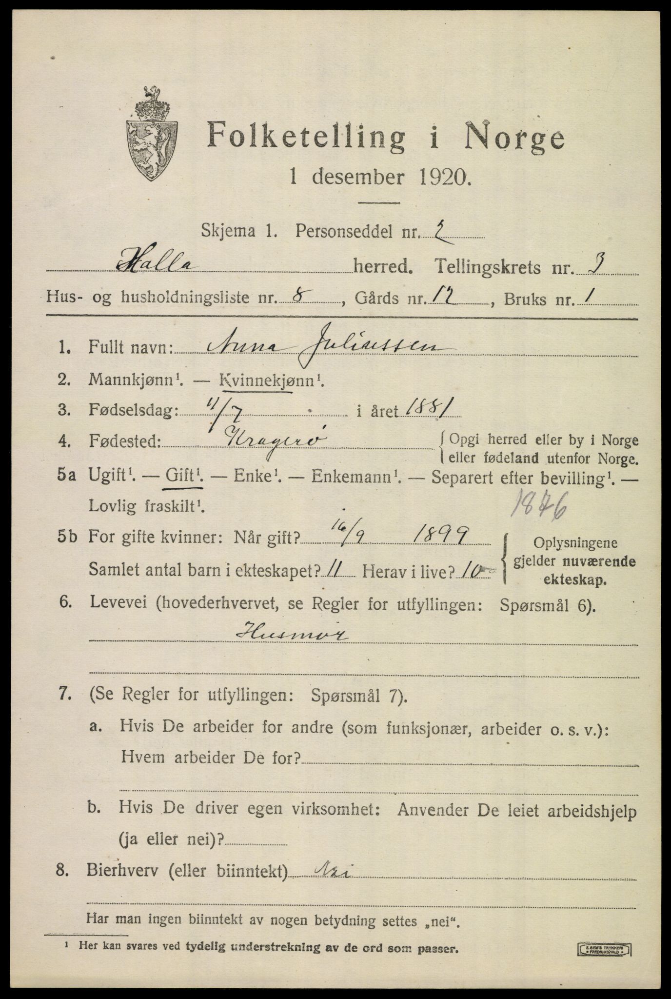 SAKO, 1920 census for Holla, 1920, p. 2723