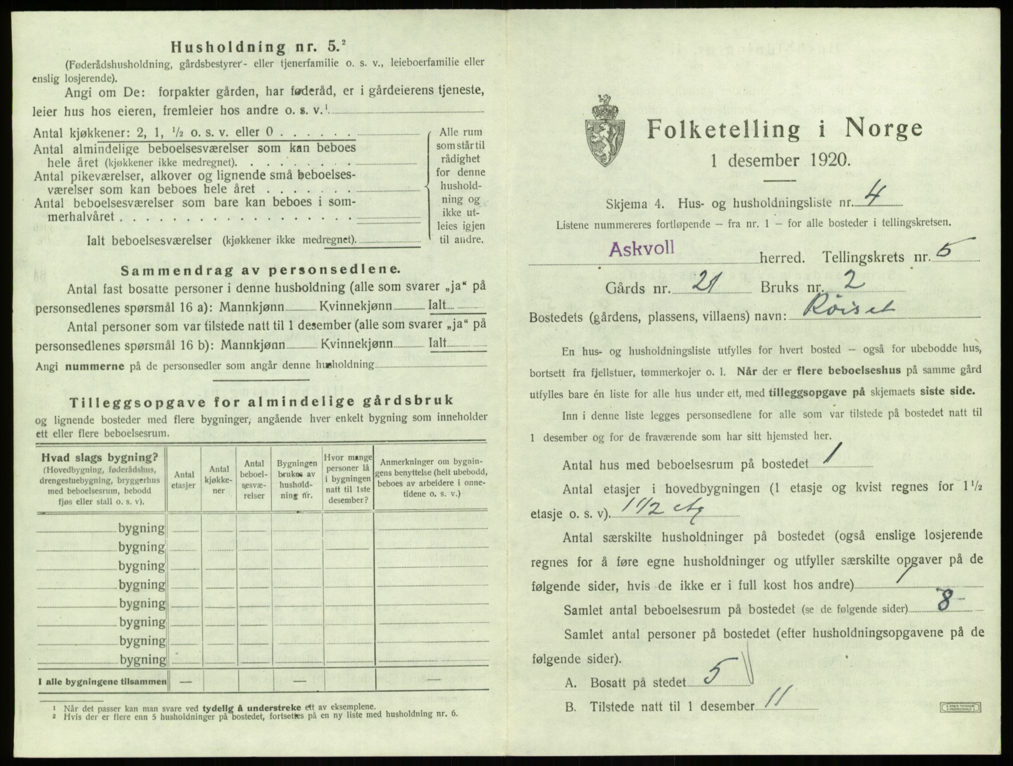 SAB, 1920 census for Askvoll, 1920, p. 273