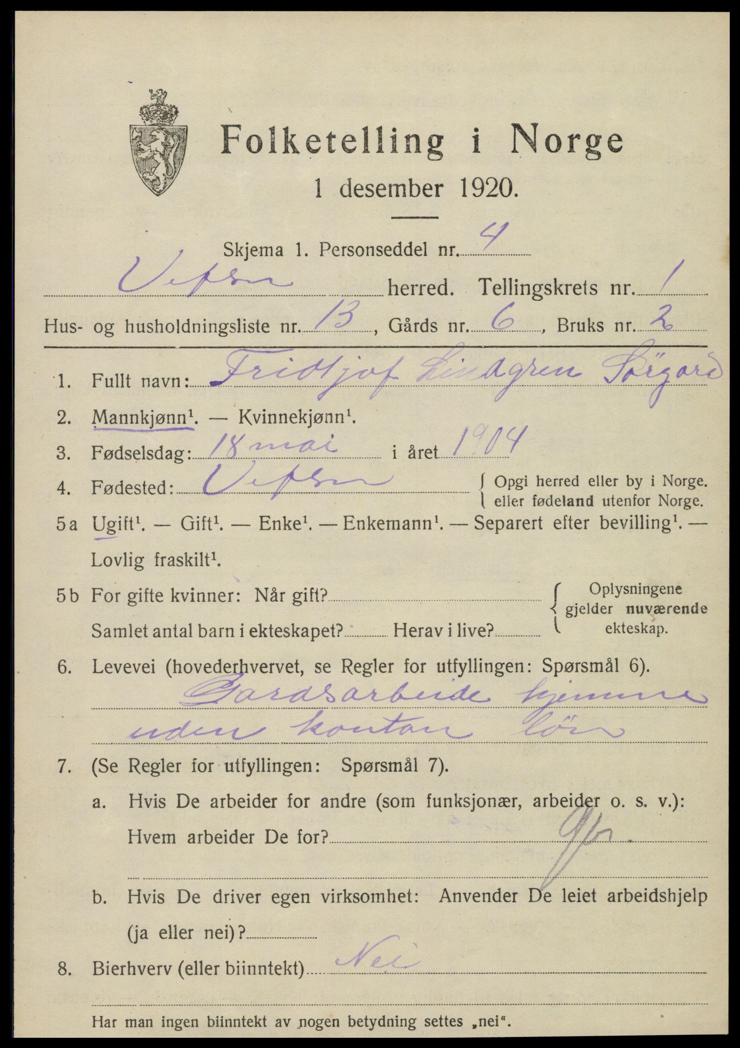 SAT, 1920 census for Vefsn, 1920, p. 1833